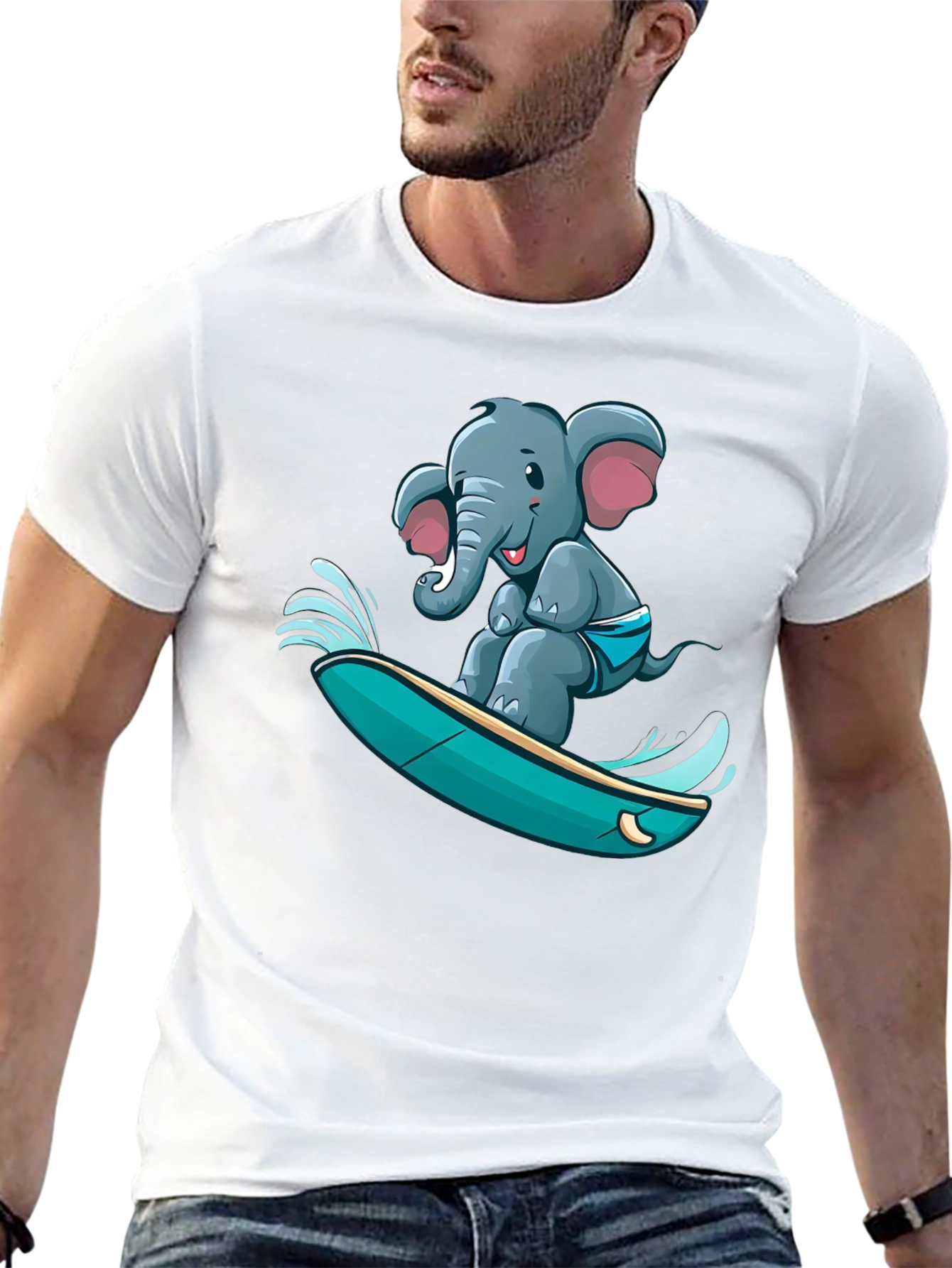 Black Surfing Elephant T-Shirt - Unique Cartoon Design view 13