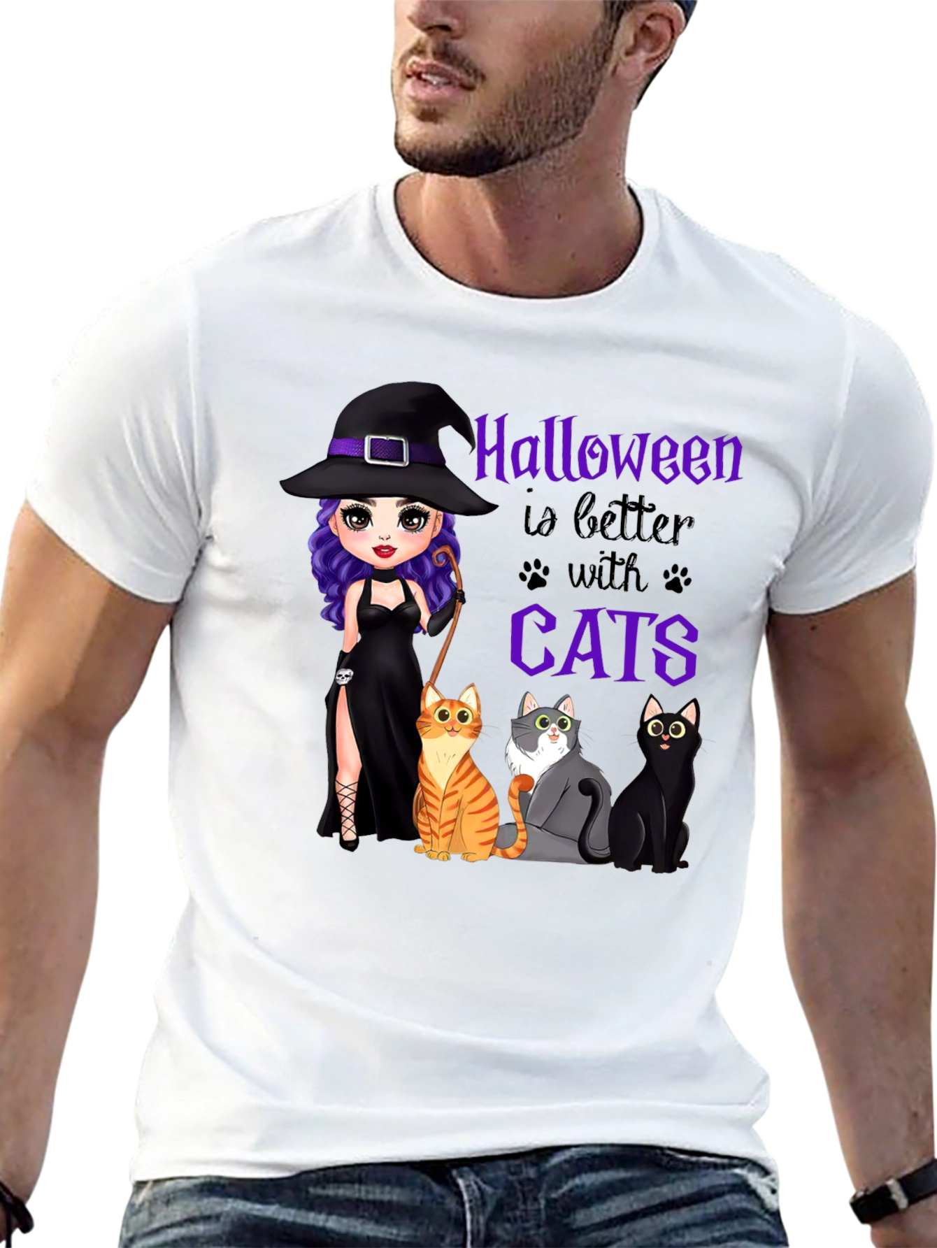Black Halloween Witch and Cats T-Shirt view 13