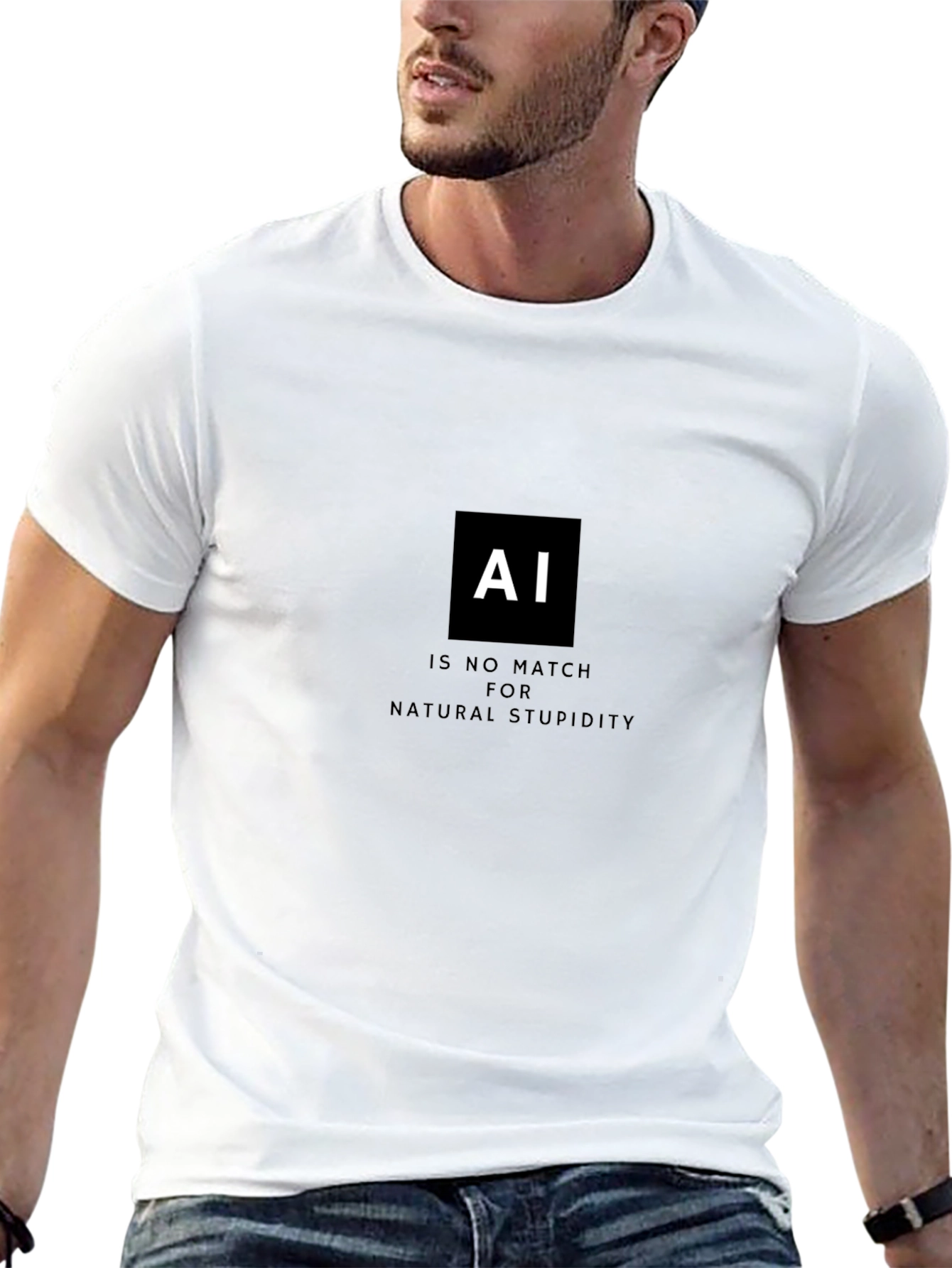 Black AI vs. Natural Stupidity T-Shirt - Black Cotton Tee view 13