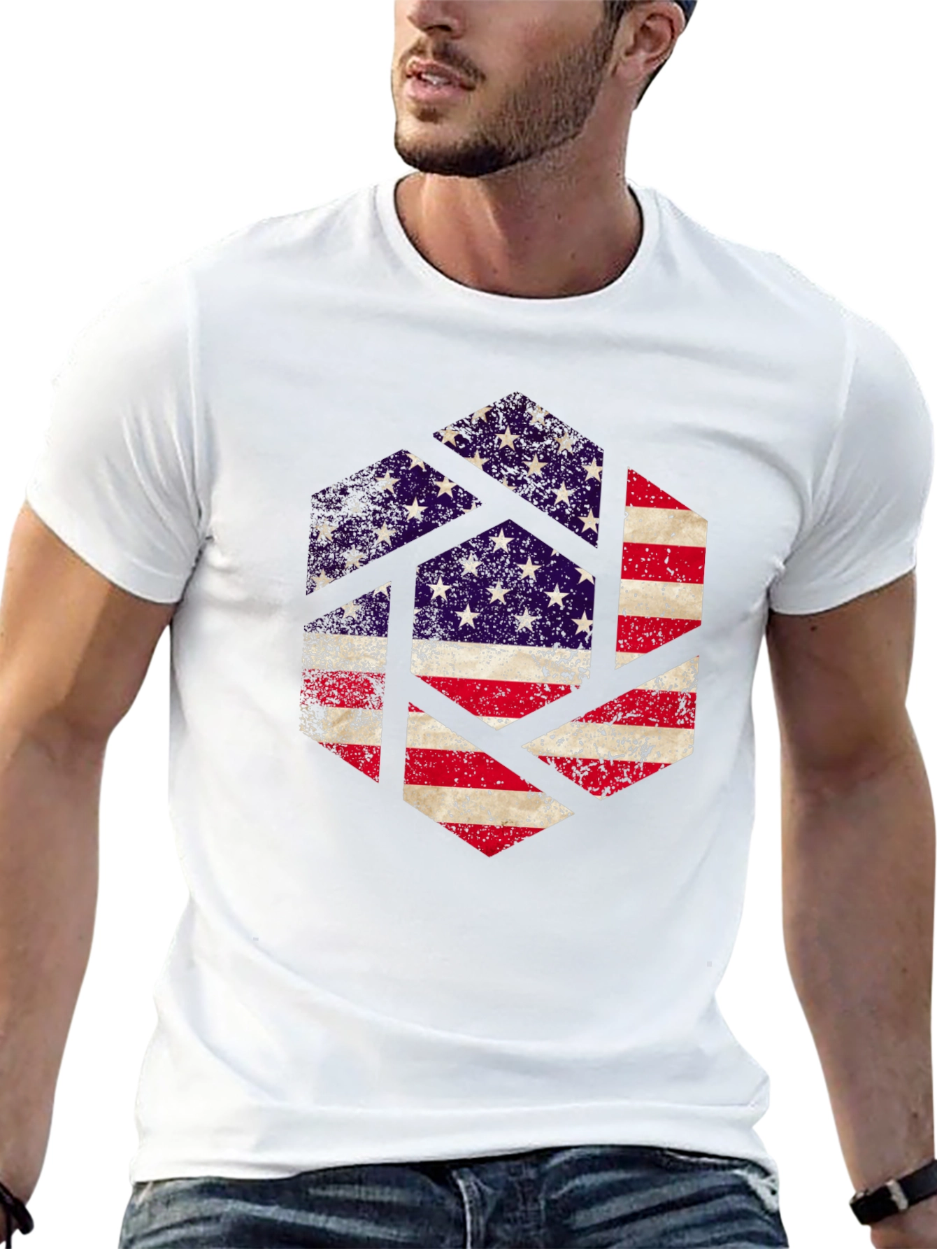 Black American Flag Hexagon Graphic Tee - Patriotic Design view 13