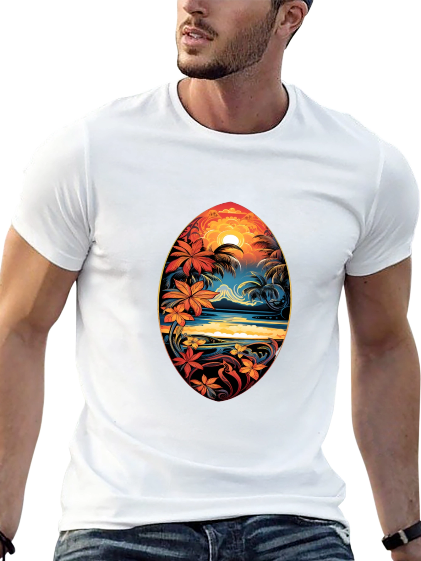 Black Tropical Island Surfboard Design Black T-Shirt view 13