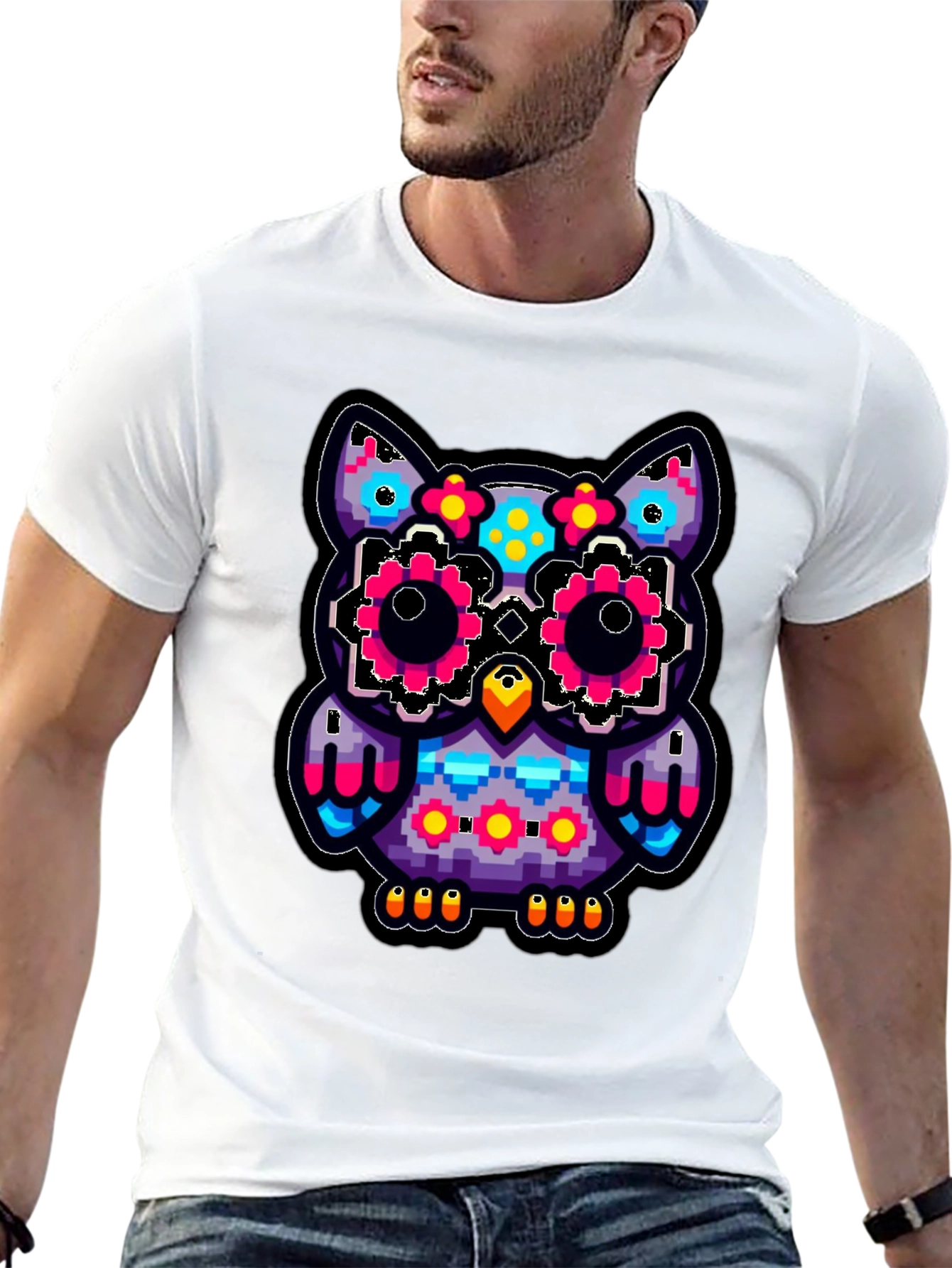 Black Pixel Owl T-Shirt - Colorful Graphic Tee view 13