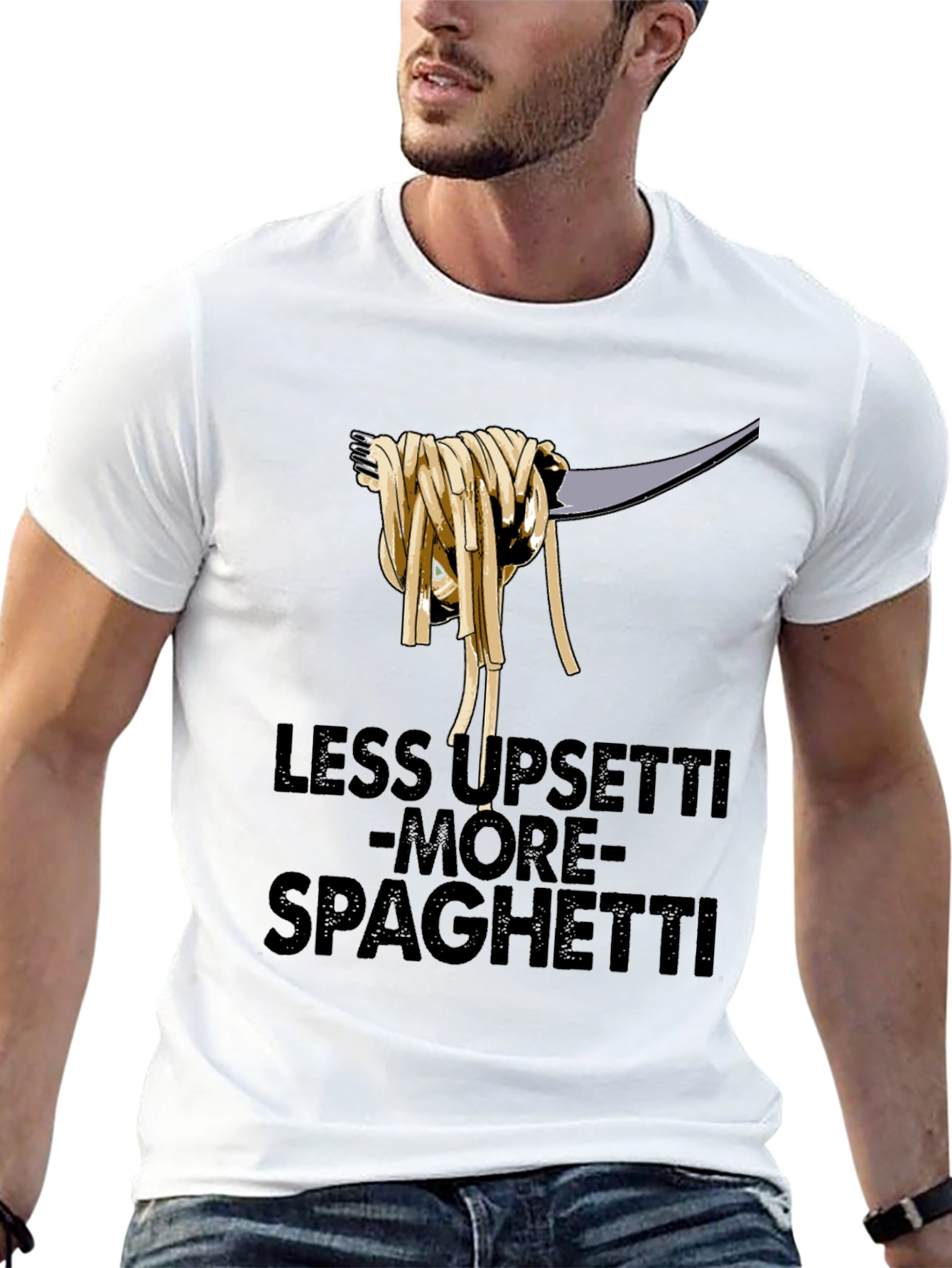 Black Less upsetti more spaghetti t-shirt view 13