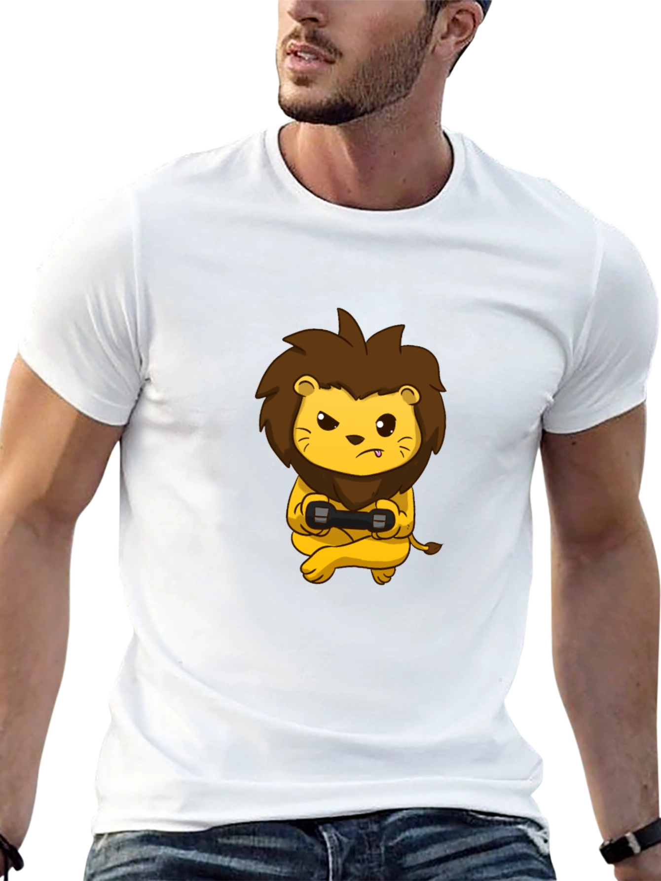 Black Gamer Lion Graphic T-Shirt - Black Cotton Tee view 13