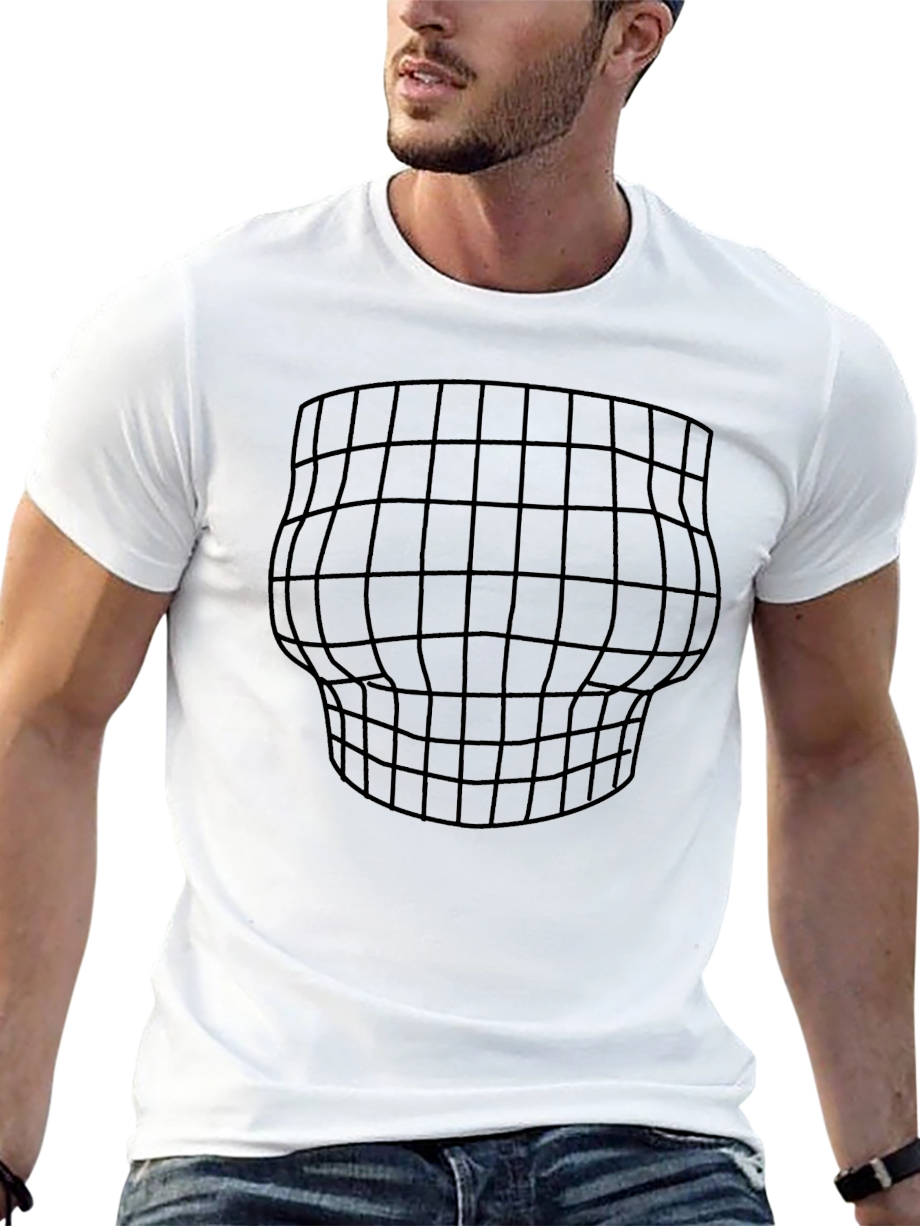 Black Optical Illusion Grid Tee - Funny Distorted Body Black T-Shirt view 13