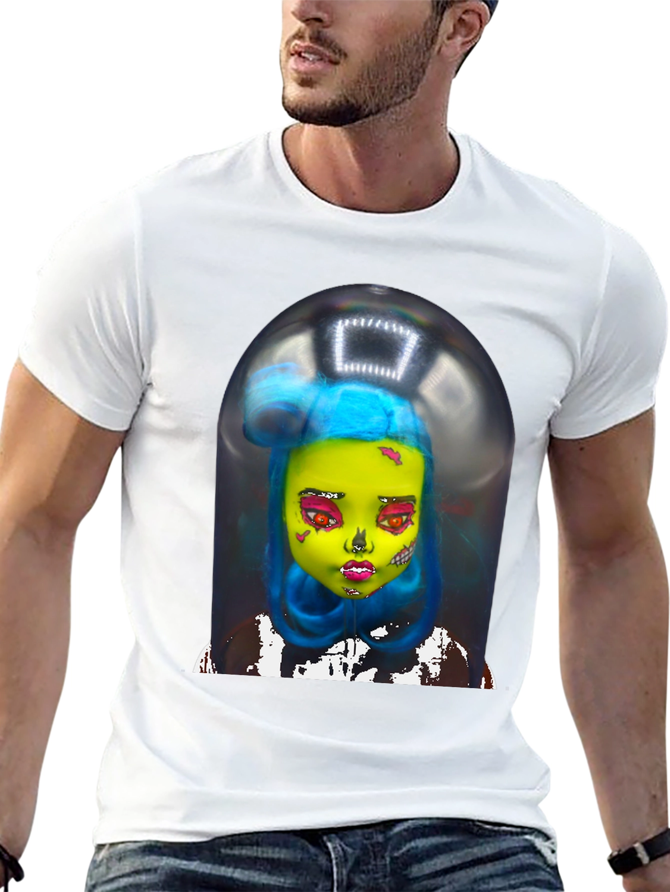 Black Surreal Doll Graphic Tee - Unique Art Shirt view 13