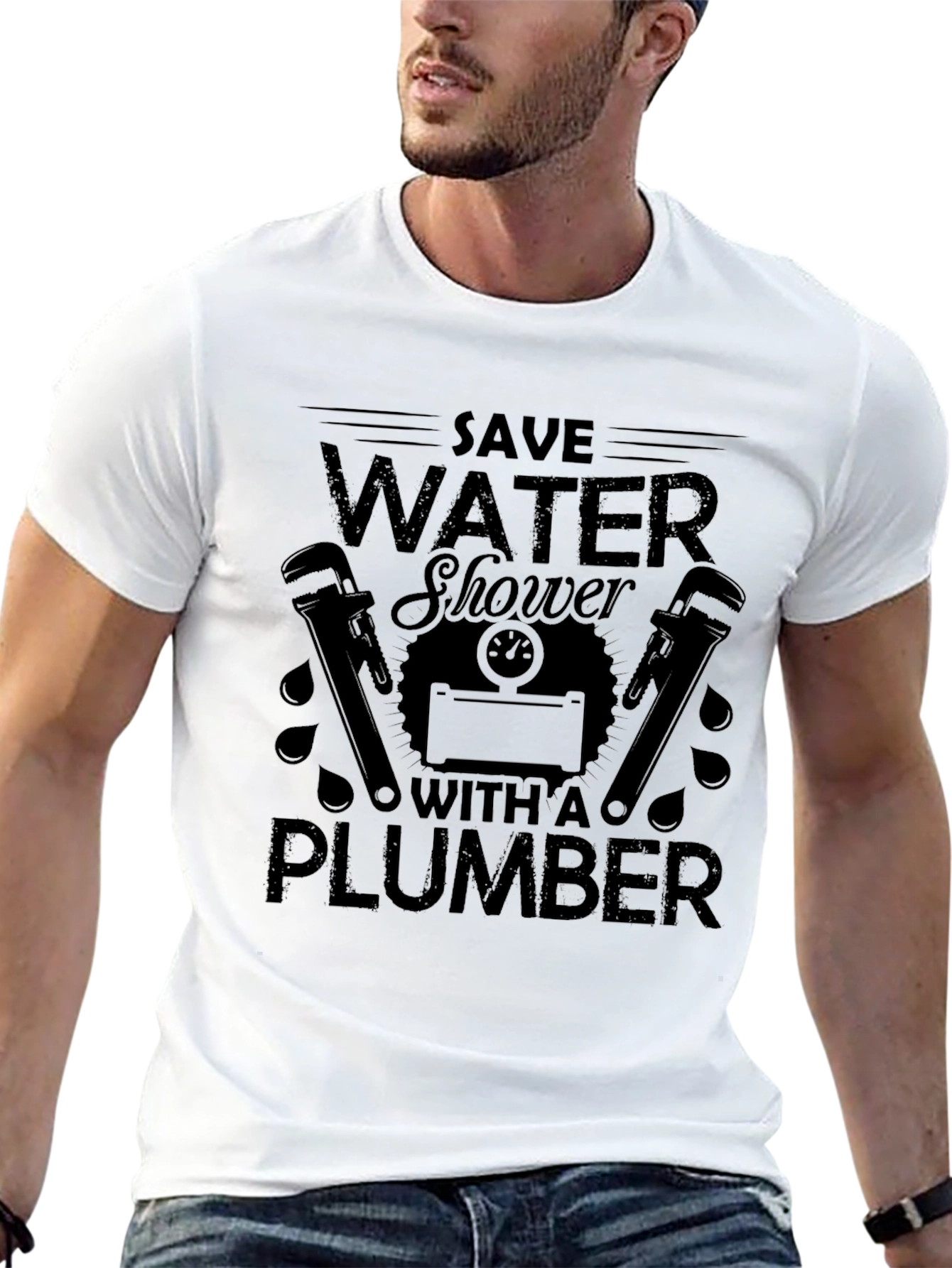 Black Save Water Shower With A Plumber Black Graphic T-Shirt view 13