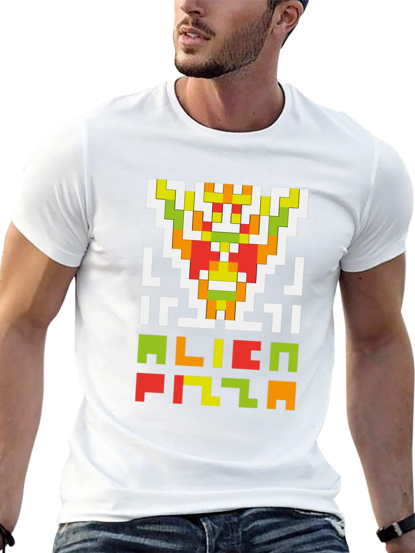 Black Alien Pizza Pixel Art Black T-Shirt view 13