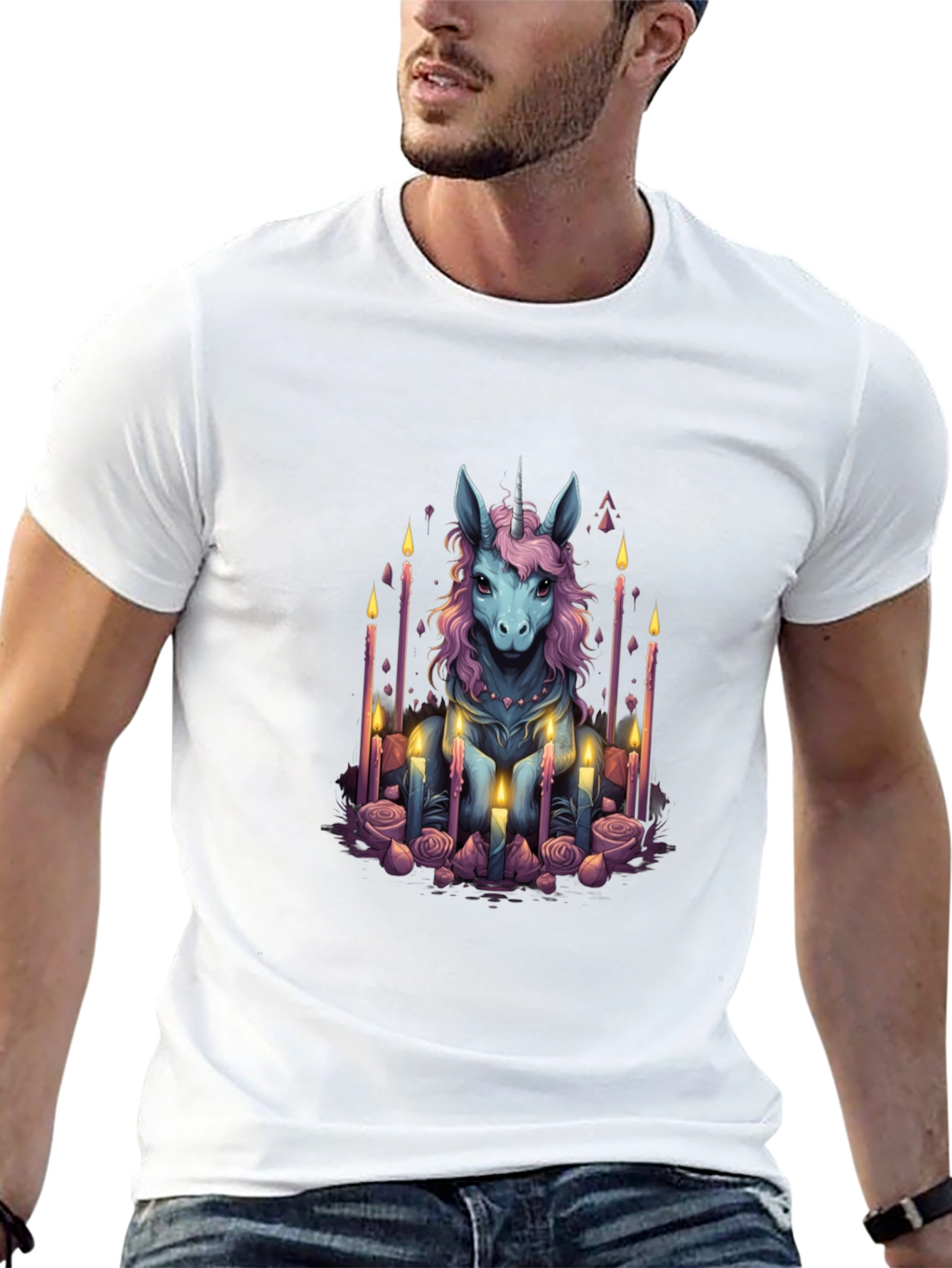 Black Unicorn Candle Graphic T-Shirt - Men's Black Tee view 13