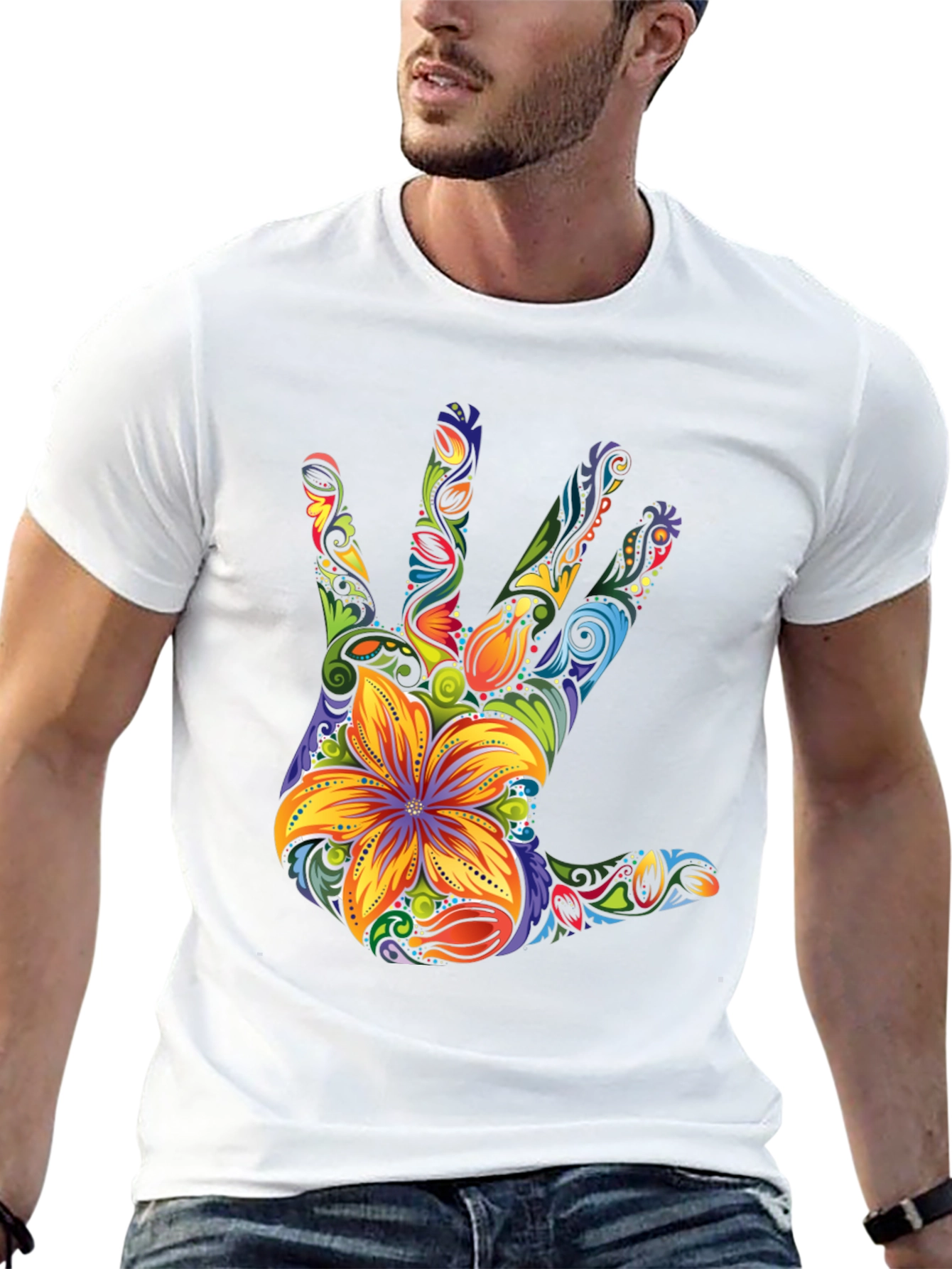 Black Floral Hand Print Black T-Shirt view 13