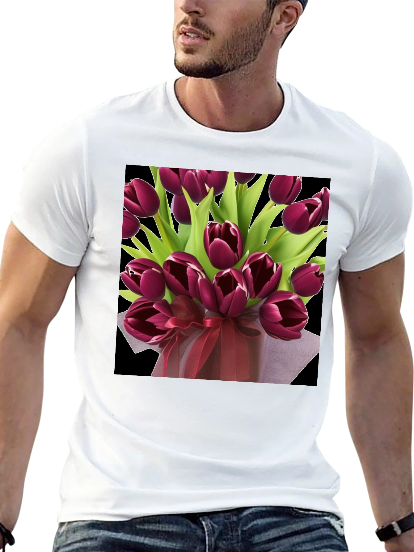Black Tulip Bouquet Graphic Tee - Elegant Floral Design view 13