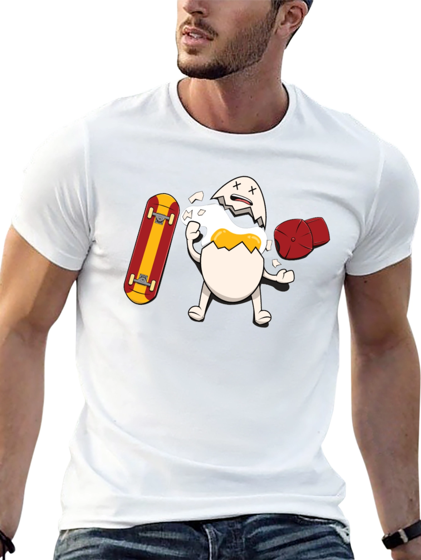 Black Egg-cellent Skater Tee: Broken Egg with Skateboard view 13