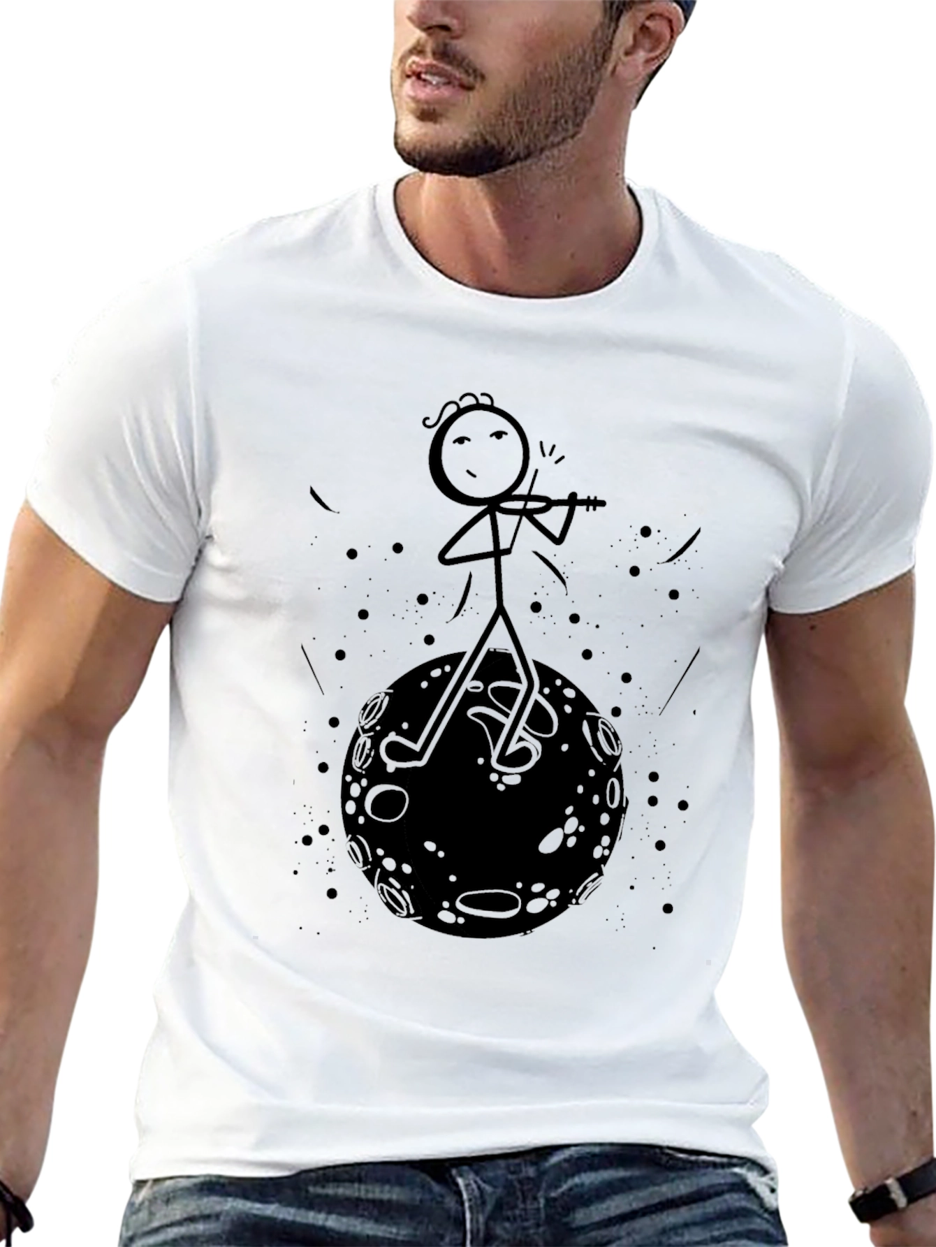 Black Stick Figure Moon Musician Black T-Shirt view 13