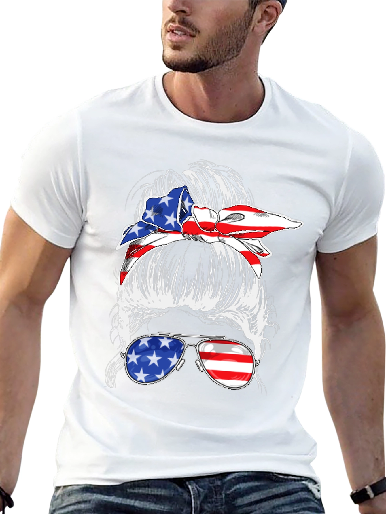 Black Messy Bun American Flag T-Shirt view 13