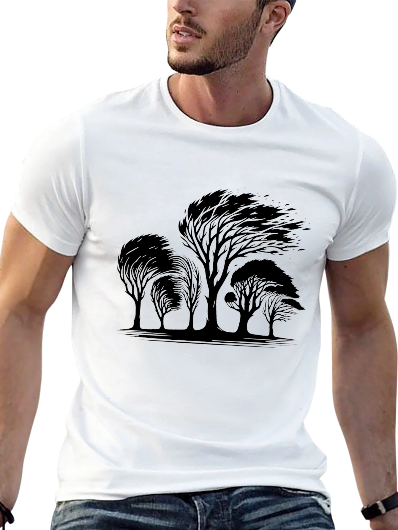 Black Men's Black T-Shirt with Windblown Trees Graphic view 13
