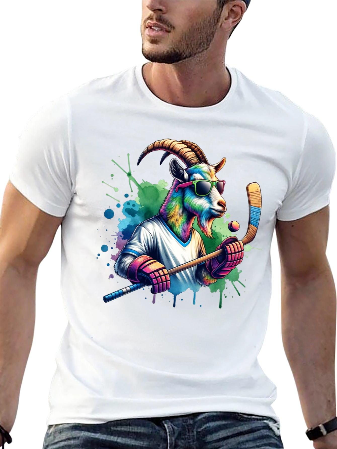 Black Cool Goat Hockey Player Graphic Tee view 13