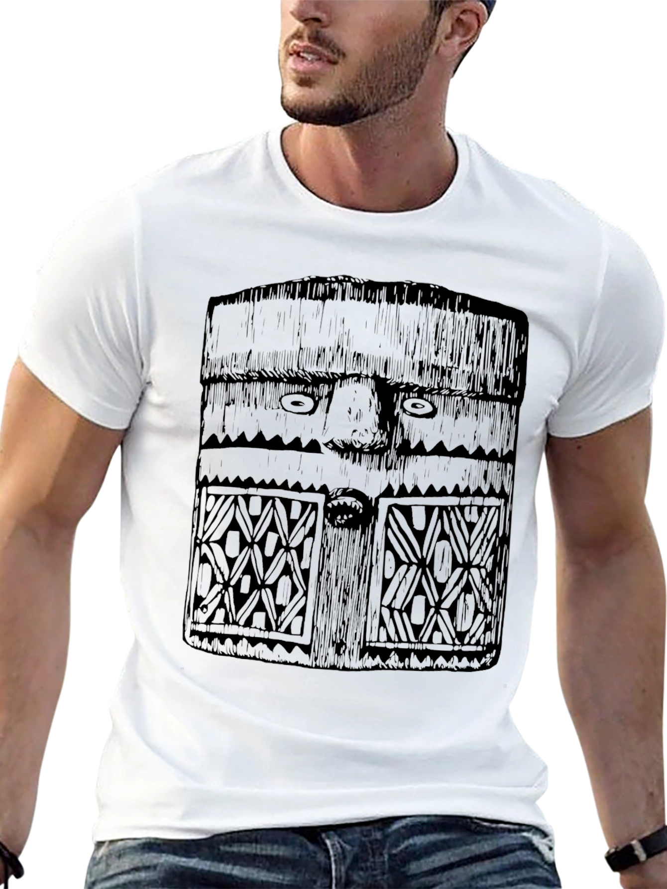 Black Tribal Mask Graphic Tee - Black Cotton T-Shirt view 13