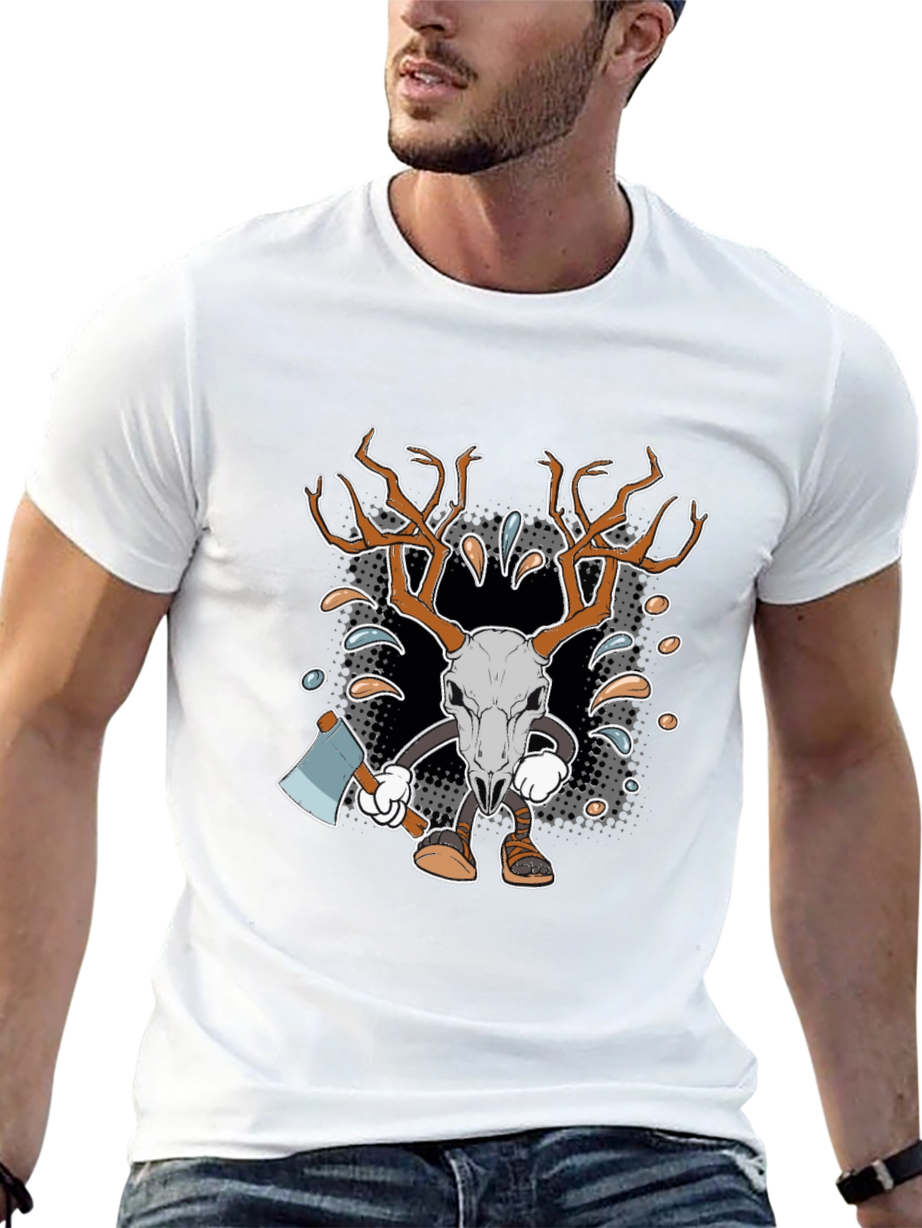 Black Cartoon Deer Skull Axe T-Shirt view 13