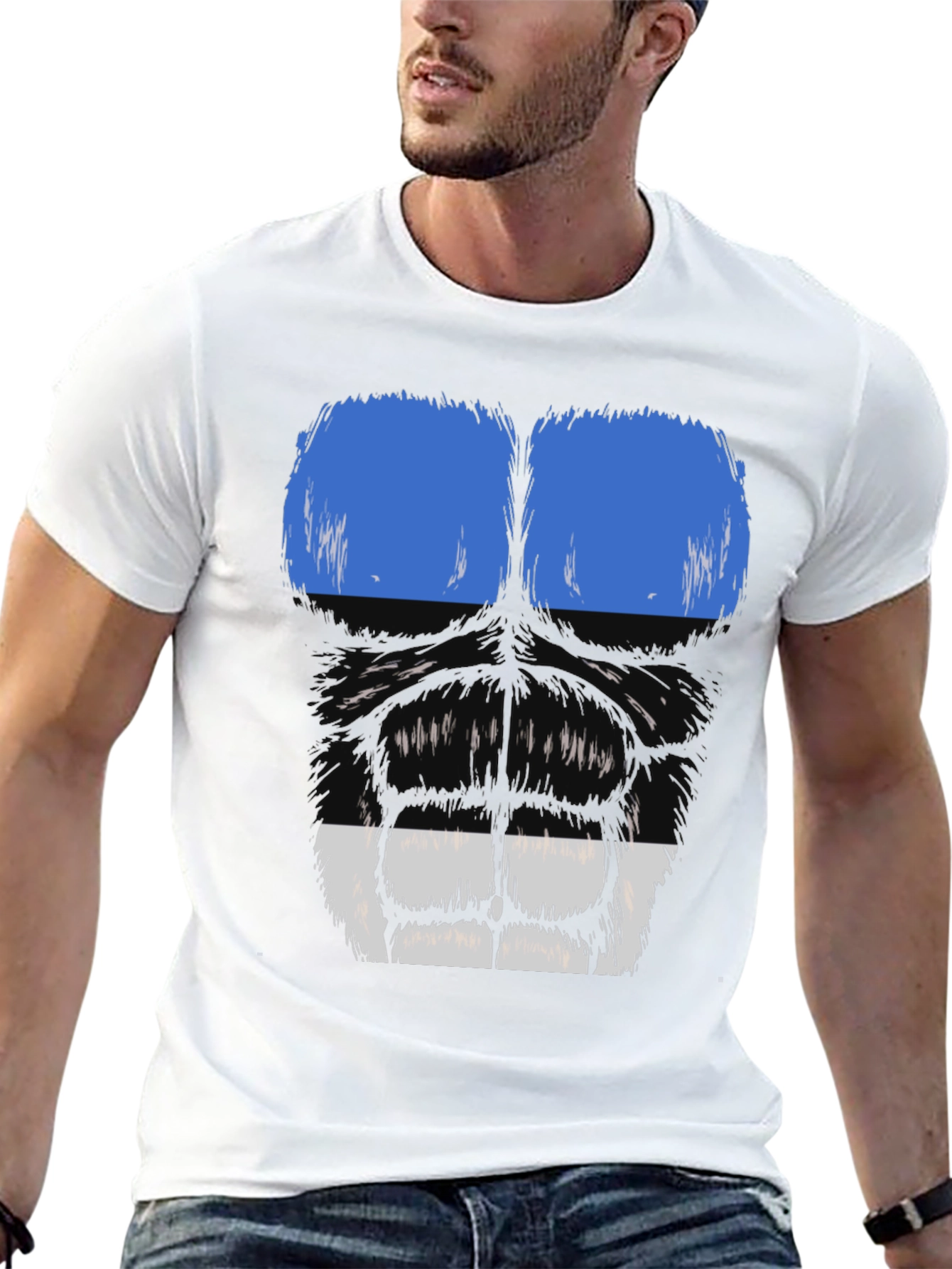 Black Gorilla Face Graphic T-Shirt - Blue & White view 13