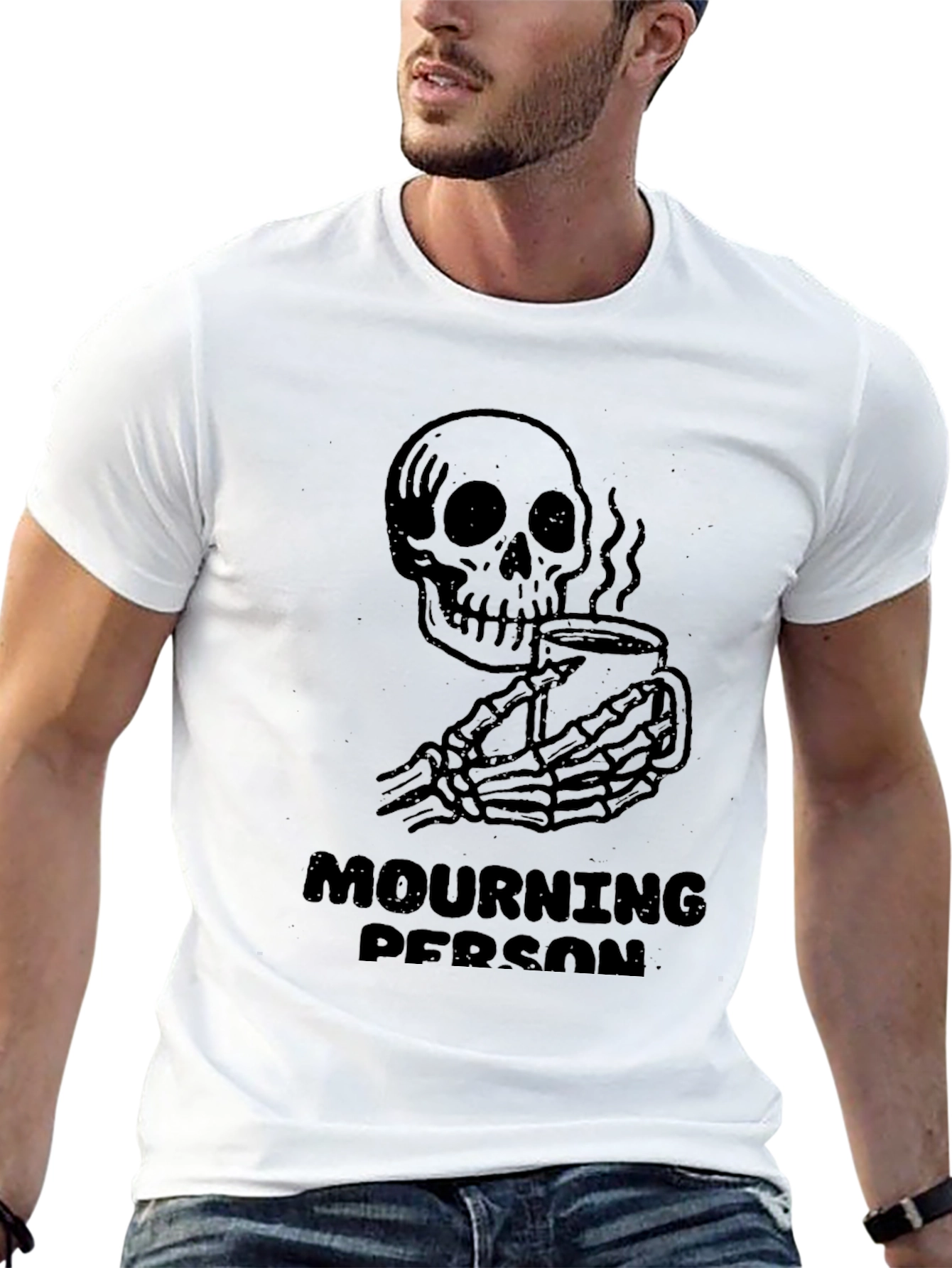Black Mourning Person T-Shirt - Skeleton Coffee Graphic Tee view 13
