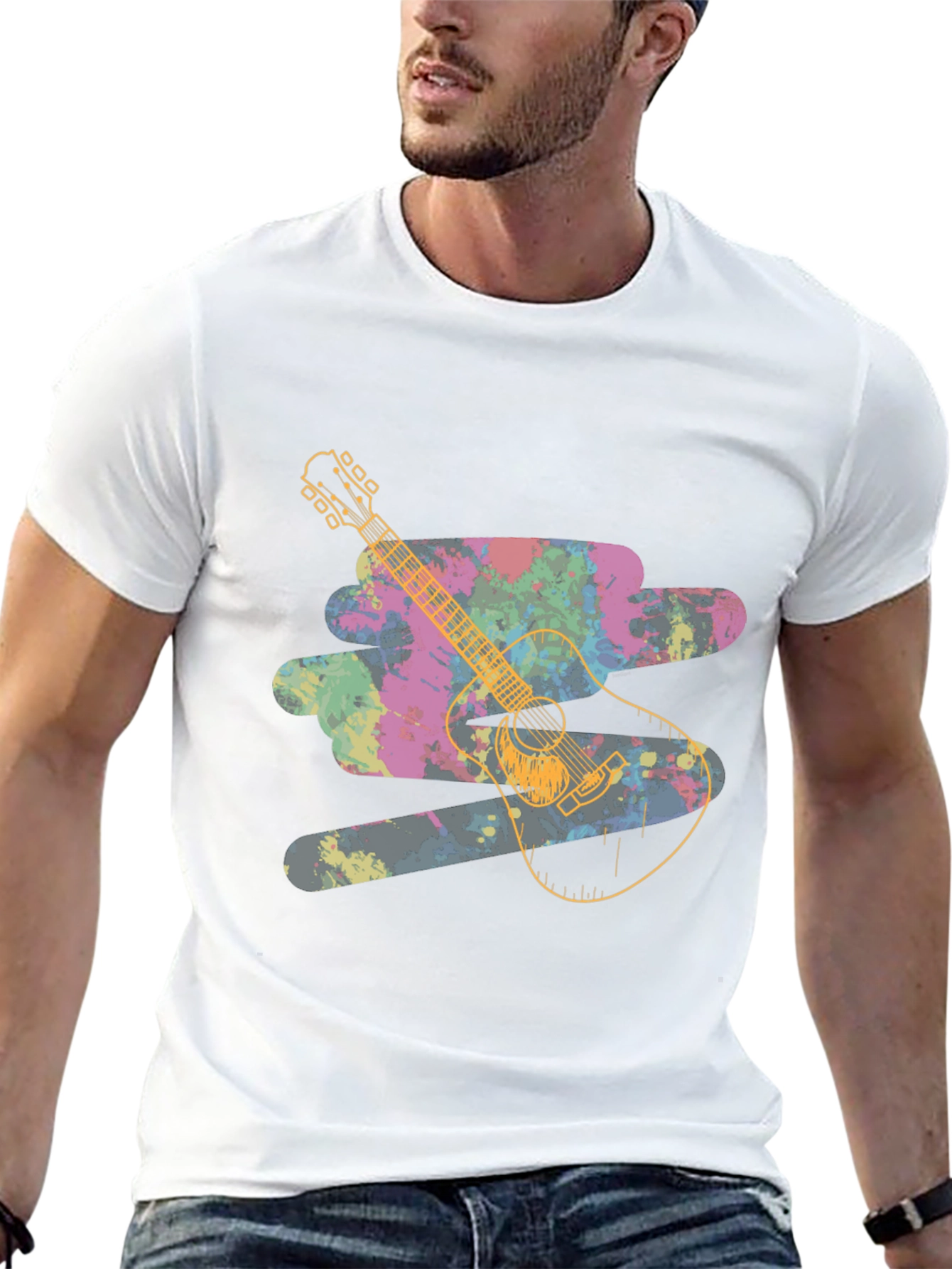 Black Guitar Splash Graphic Tee - Unique Colorful Design view 13