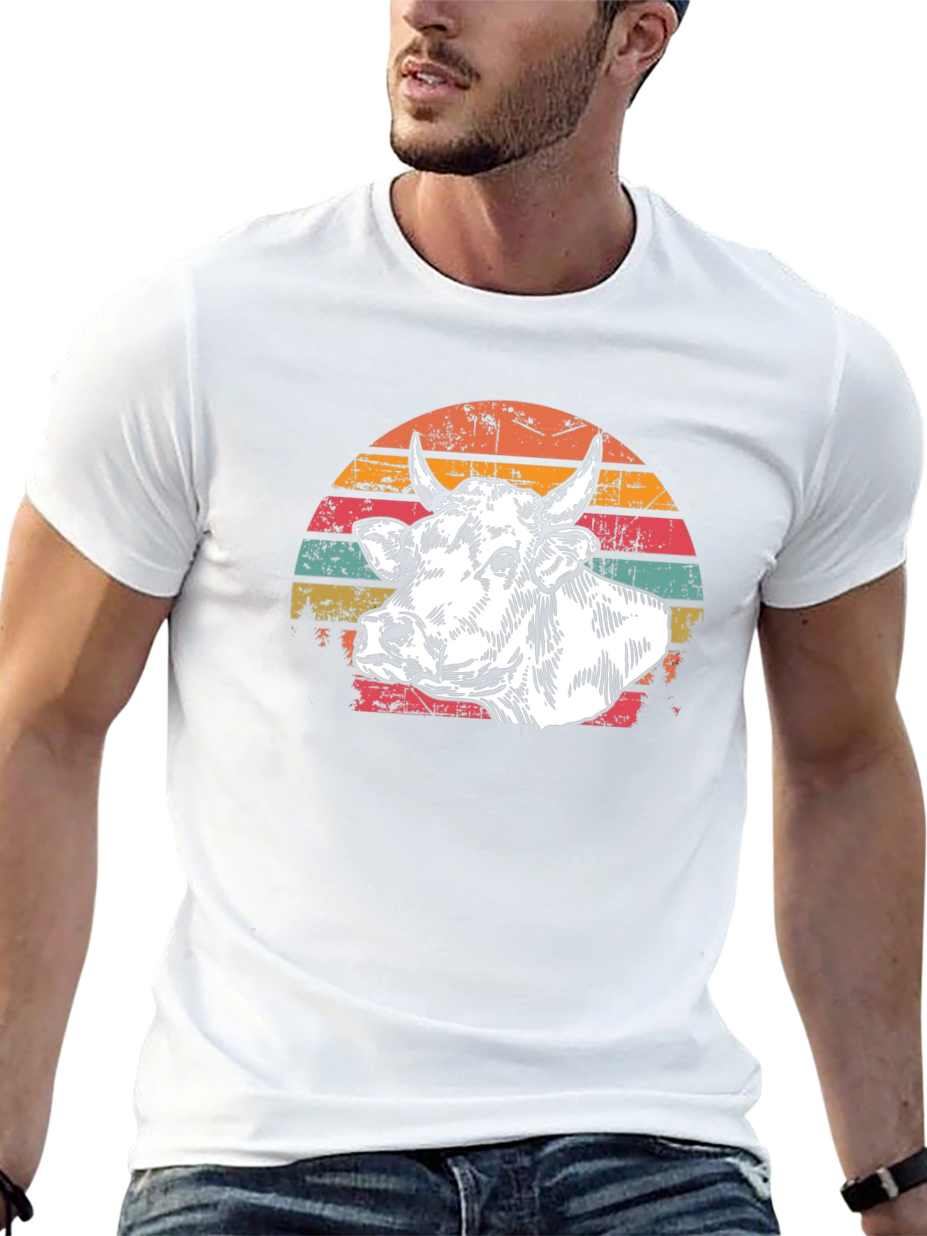 Black Vintage Cow Graphic Tee - Retro Sunset Design view 13