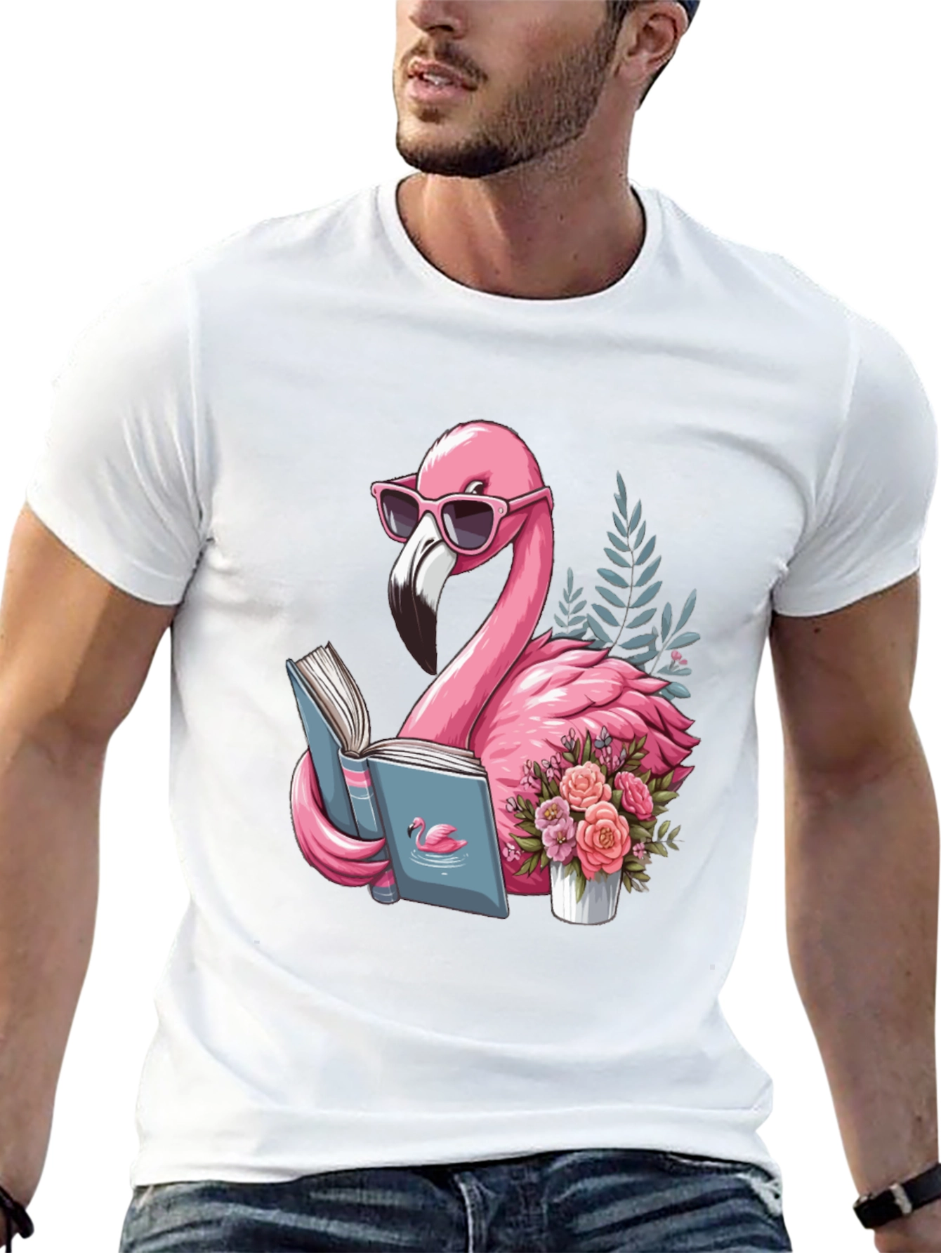 Black Flamingo Reading T-Shirt - Black Cotton Tee view 13