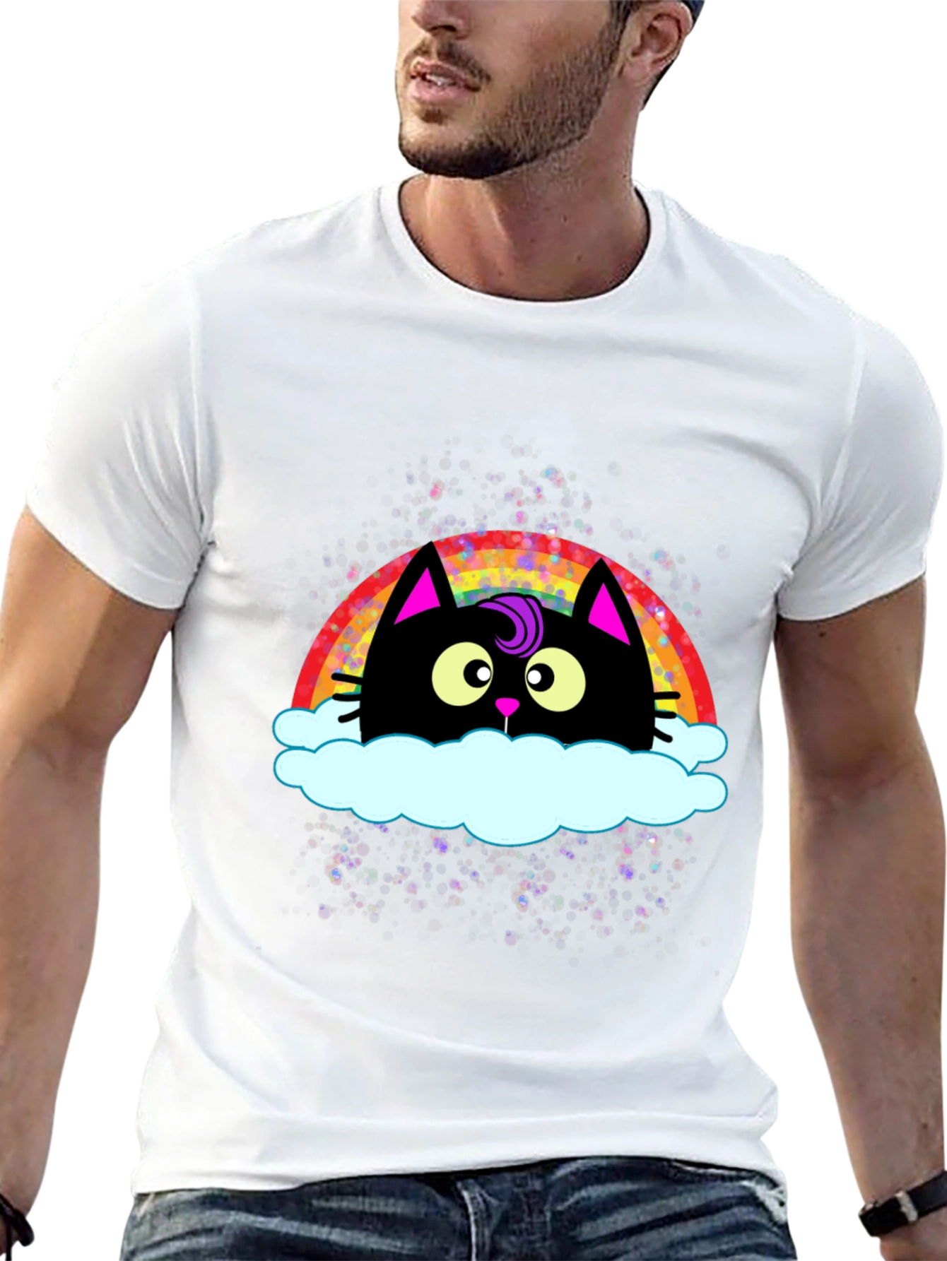 Black Rainbow Cat Cloud Graphic T-Shirt - Trendy Casual Tee view 13