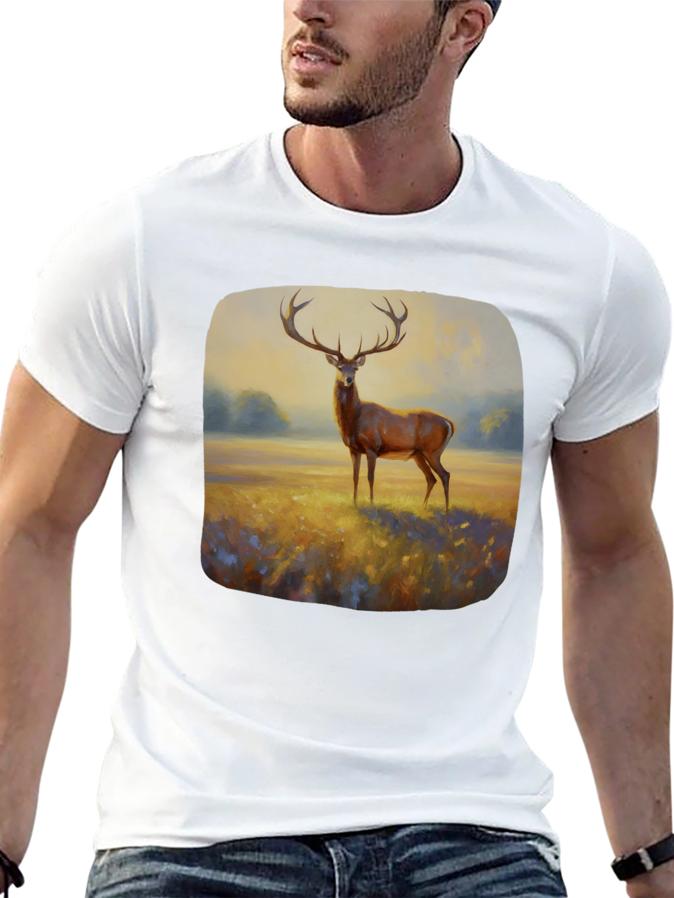Black Deer Painting Graphic Tee - Nature Inspired Art Shirt view 13