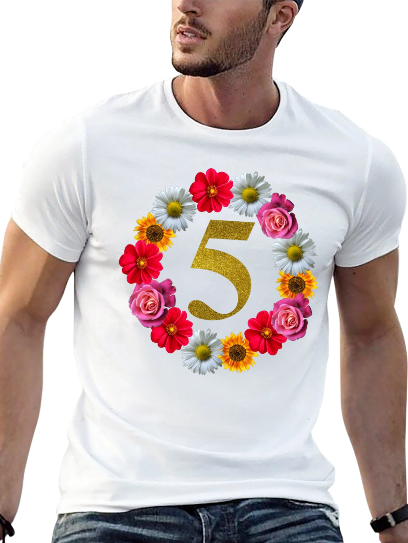 Black Floral Number 5 Birthday T-Shirt view 13