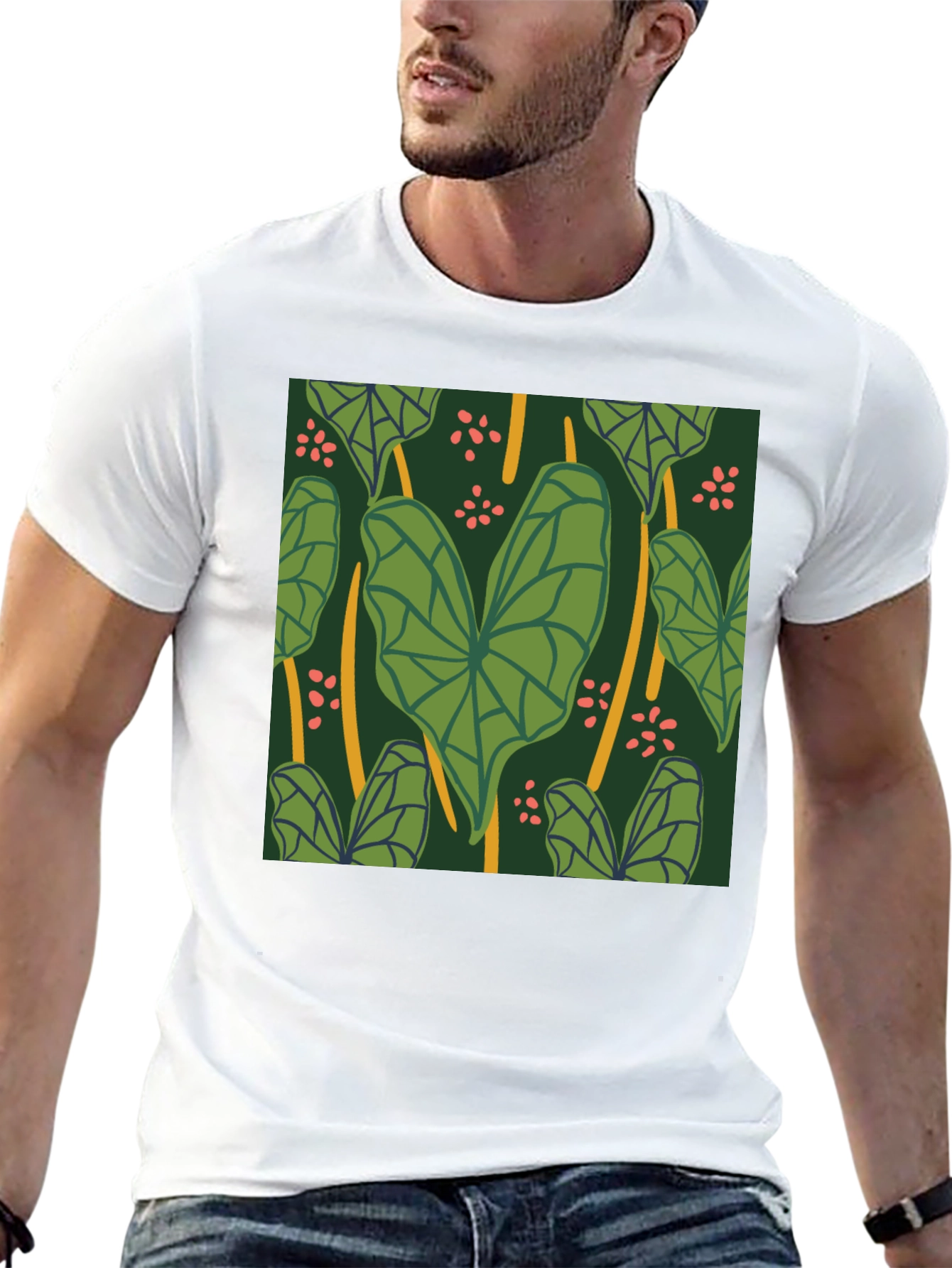 Black Tropical Leaf Pattern Black T-Shirt view 13