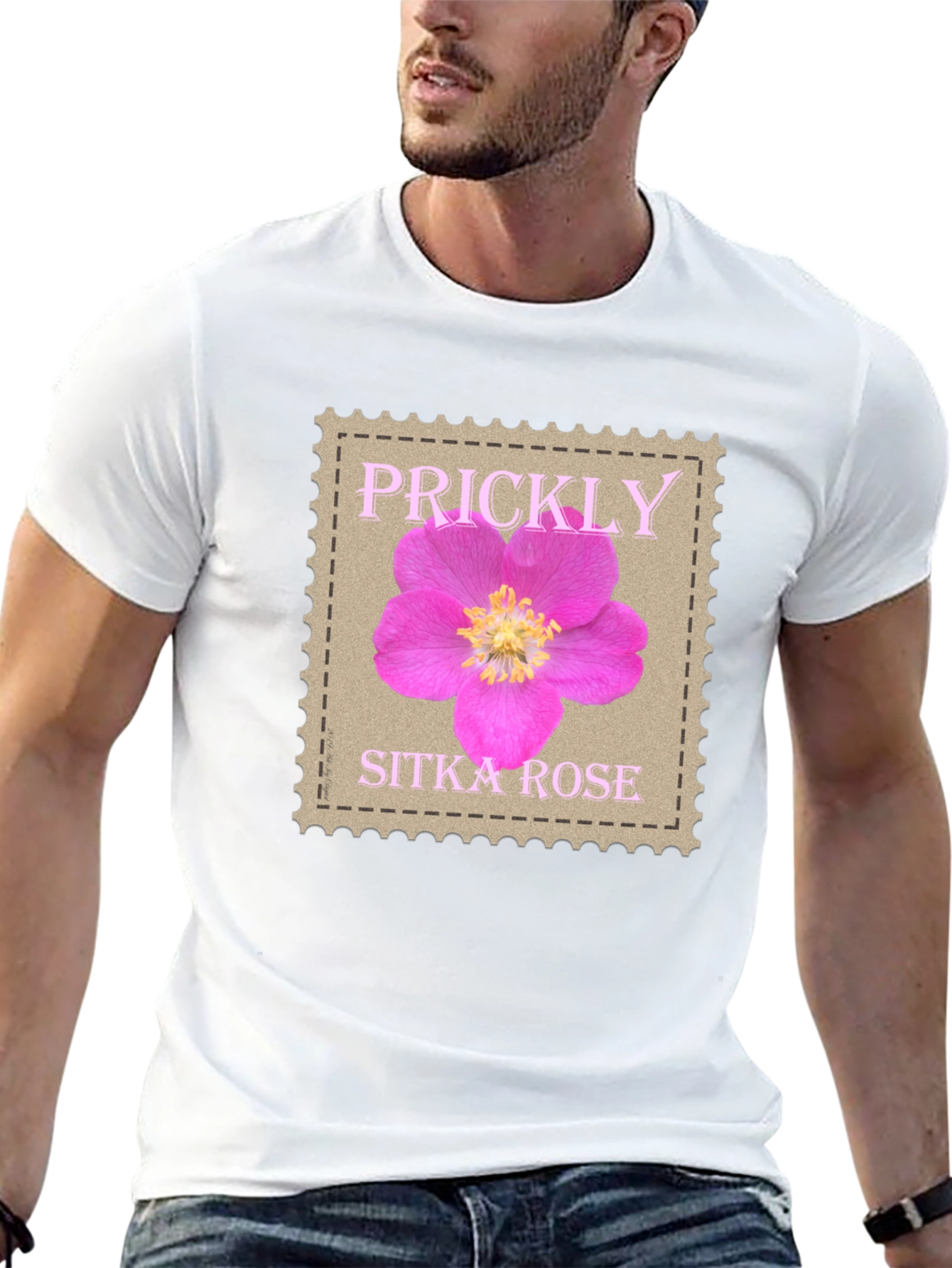 Black Prickly Sitka Rose Stamp Style T-Shirt view 13