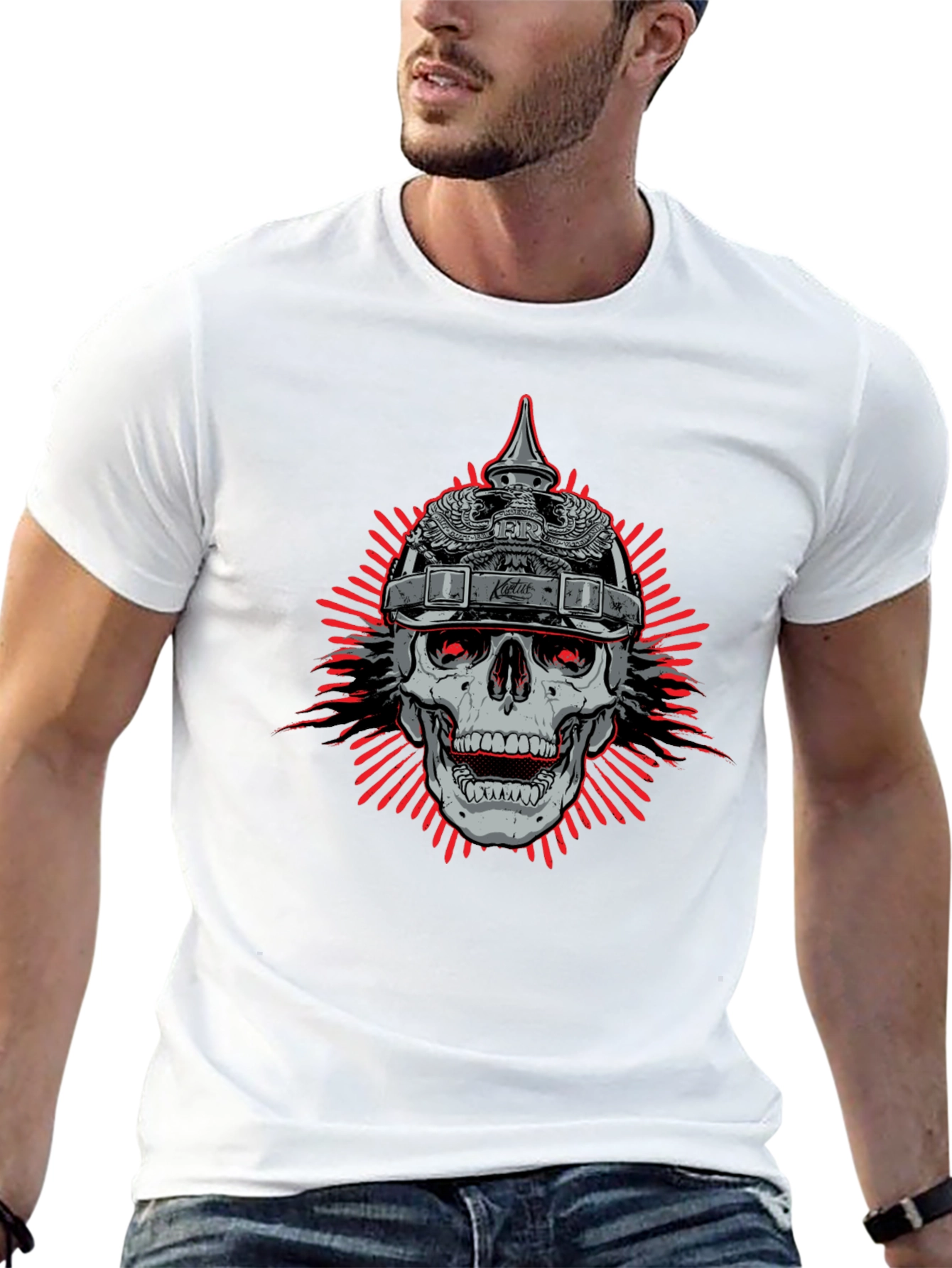 Skull with Helmet Graphic Black T-Shirt - 13
