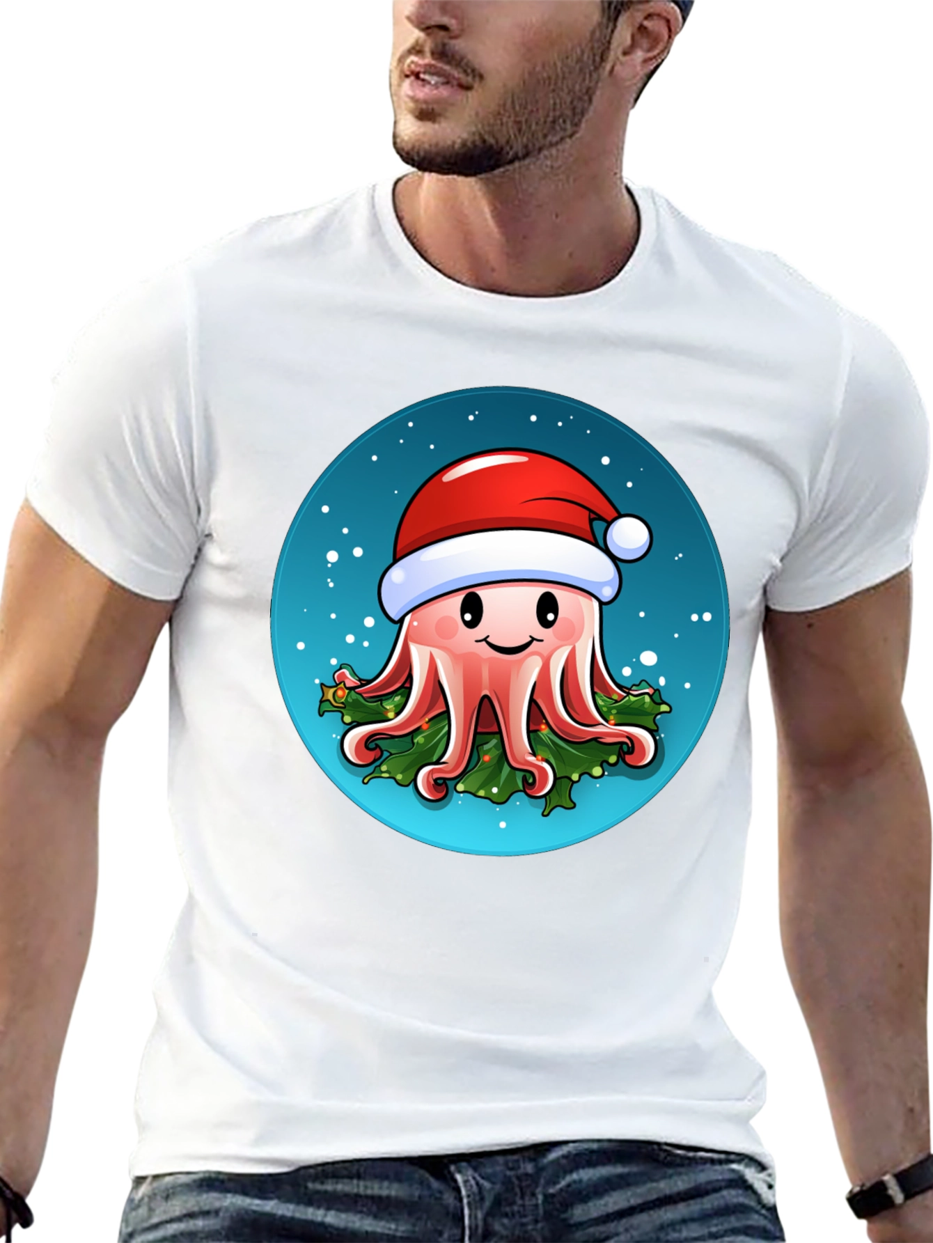 Black Festive Octopus T-Shirt - Holiday Sea Creature Tee view 13