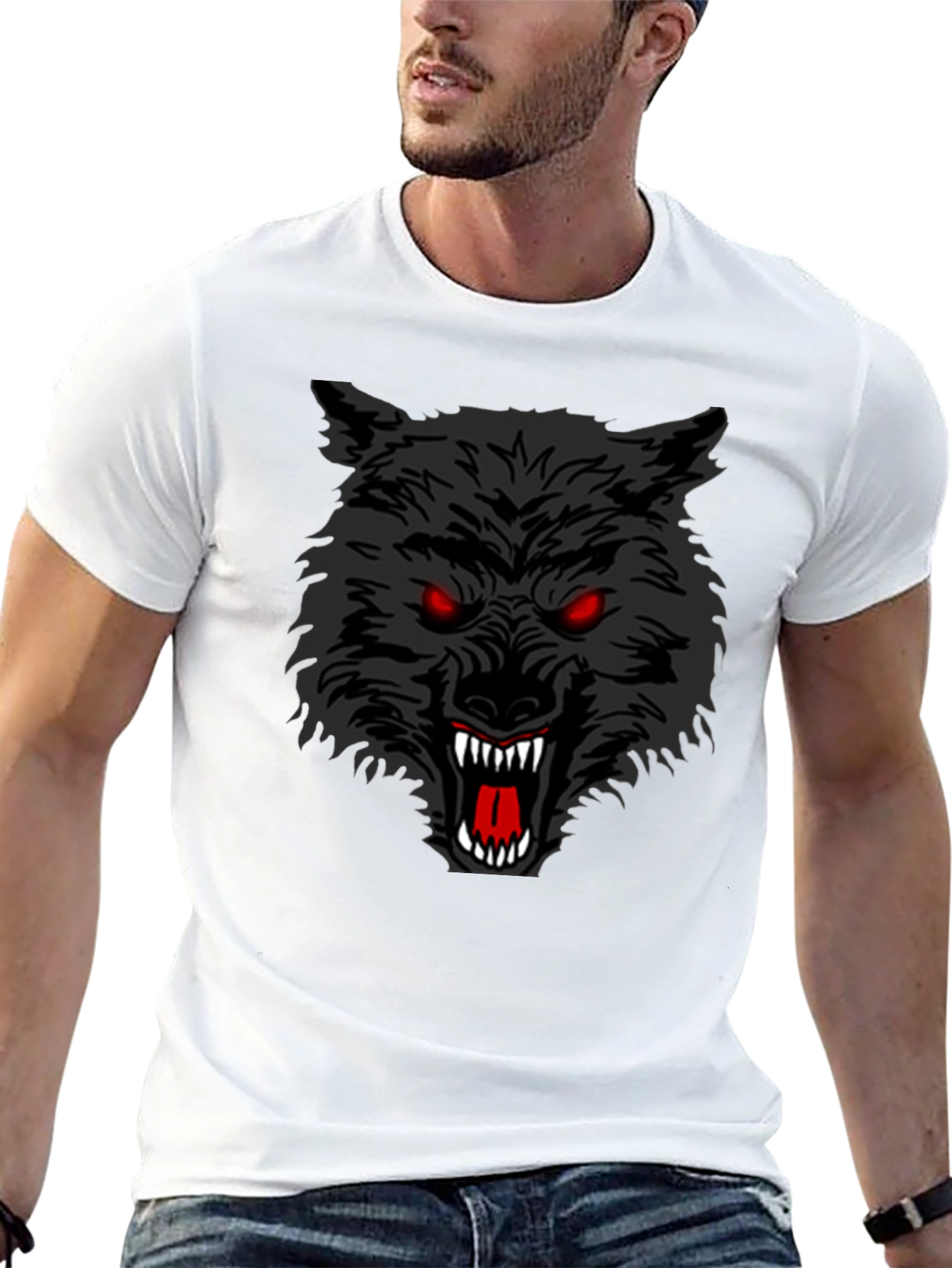 Black Men's Black T-Shirt with Aggressive Wolf Graphic view 13
