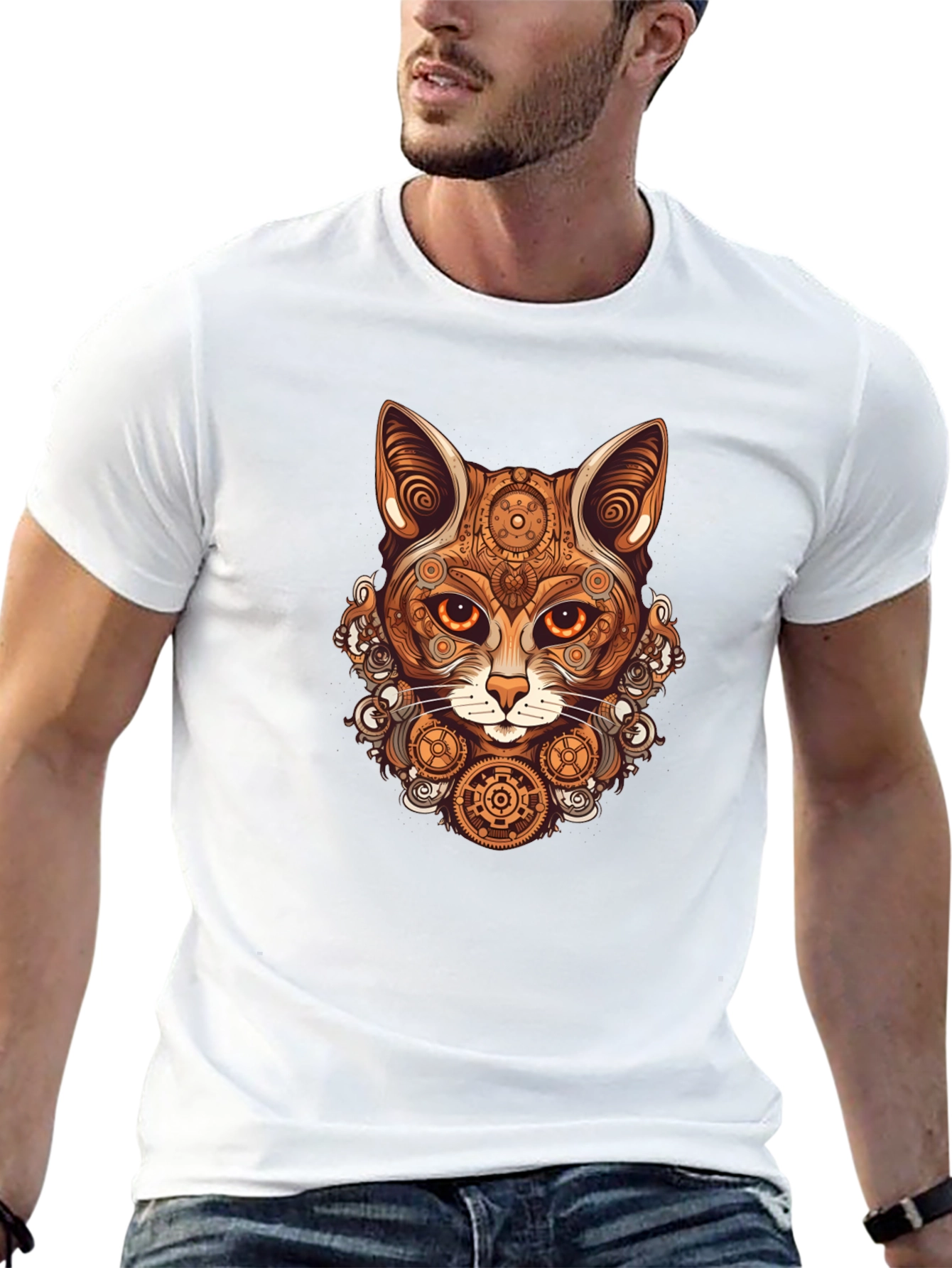 Black Steampunk Cat T-Shirt - Gearwork Feline Design view 13