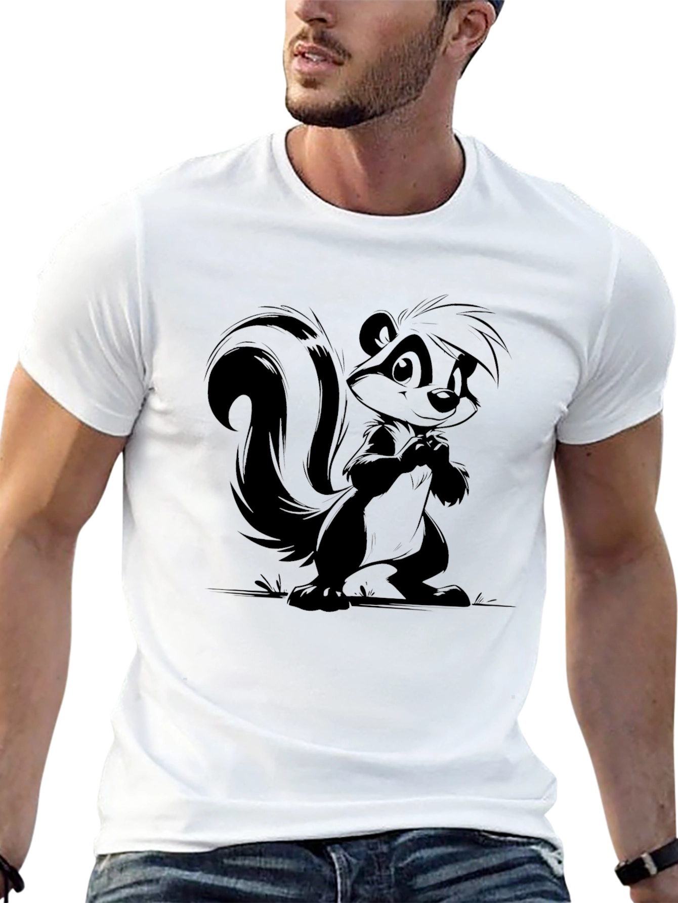 Black Skunk Cartoon Graphic Print T-Shirt view 13