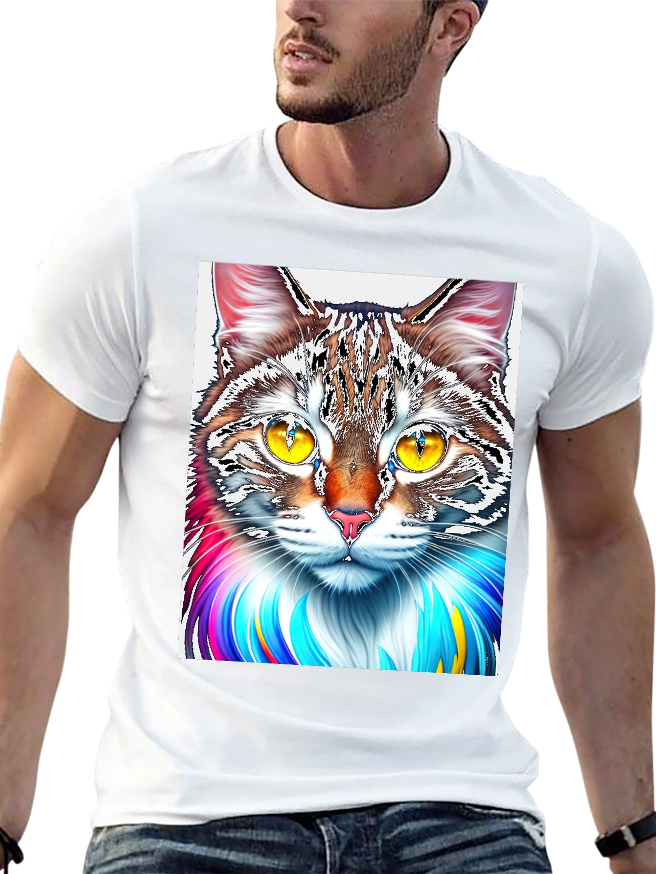 Black Colorful Cat Graphic Print Black T-Shirt view 13