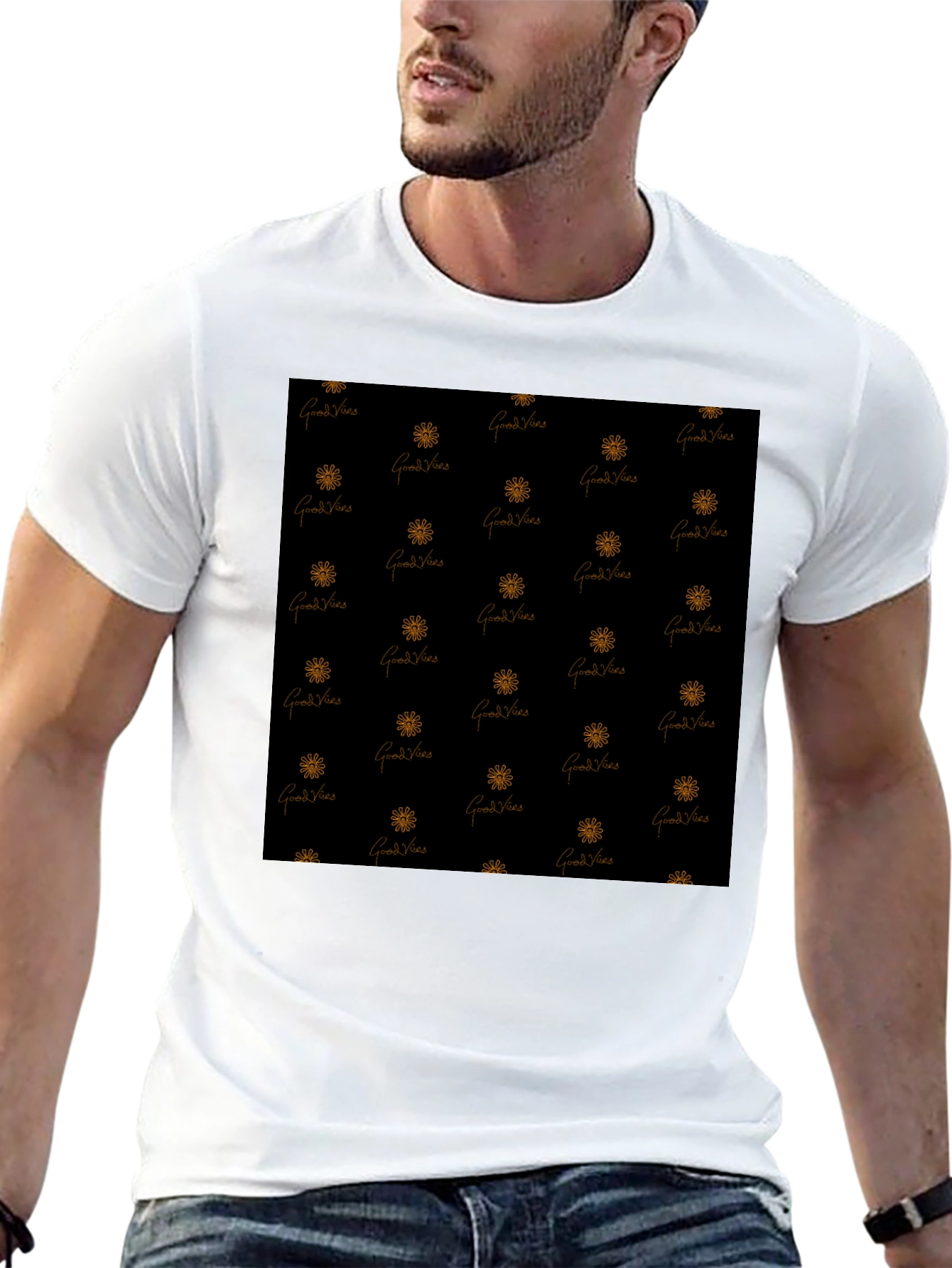 Black Good Vibes Patterned Black T-Shirt view 13
