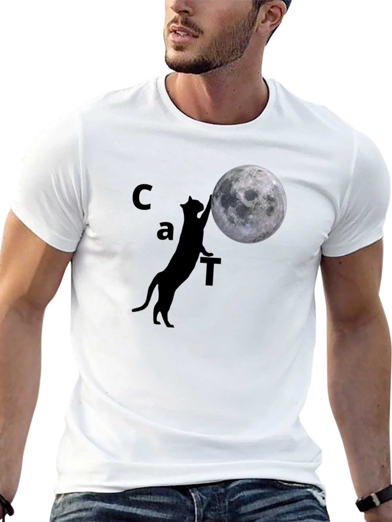 Black Cat & Moon Graphic Tee - Black Cotton Casual Shirt view 13