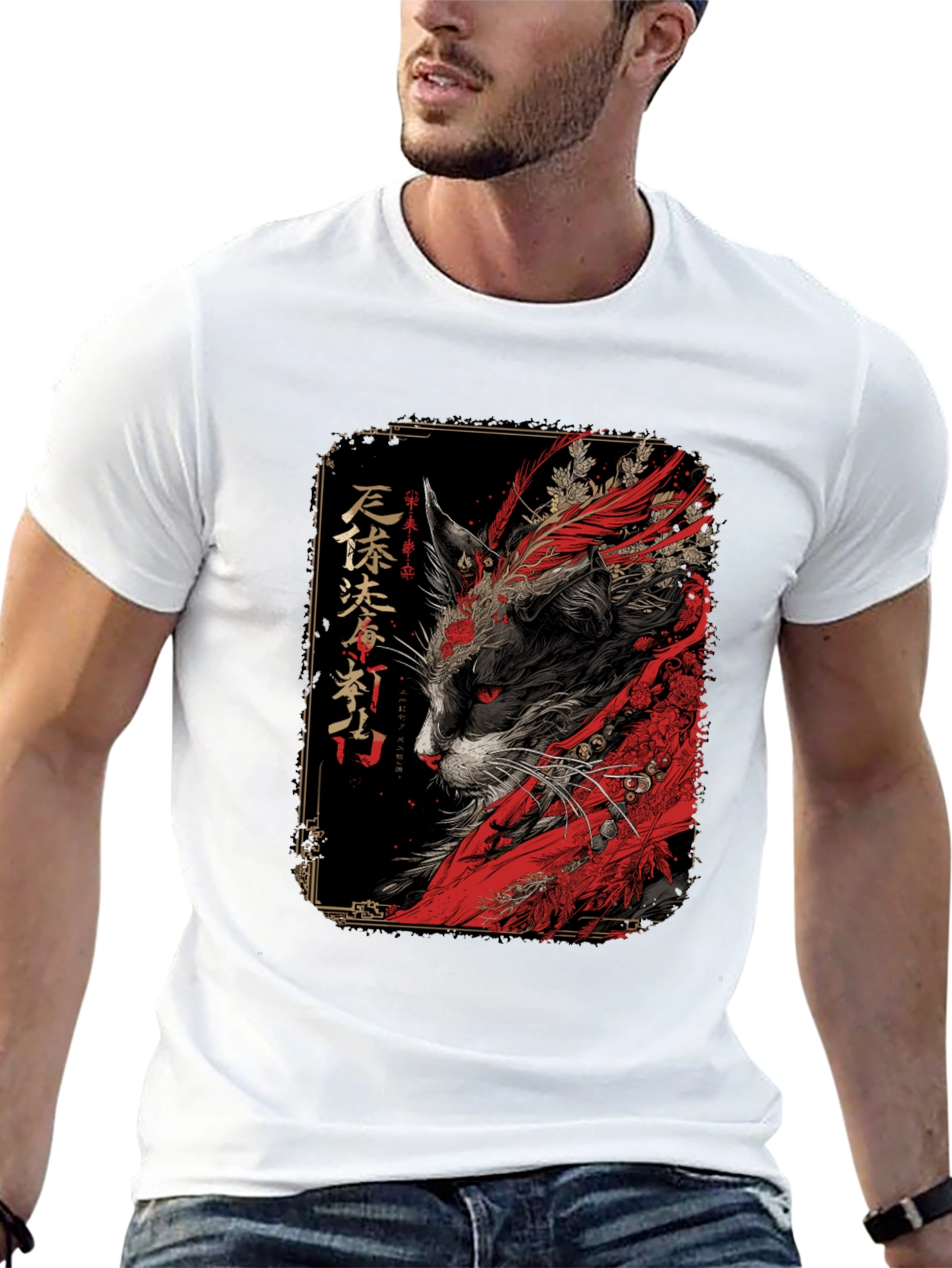 Black Japanese Cat Art T-Shirt view 13
