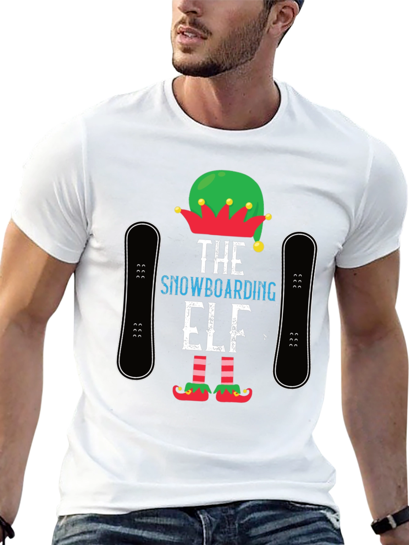 Black Snowboarding Elf T-Shirt: Holiday Fun! view 13