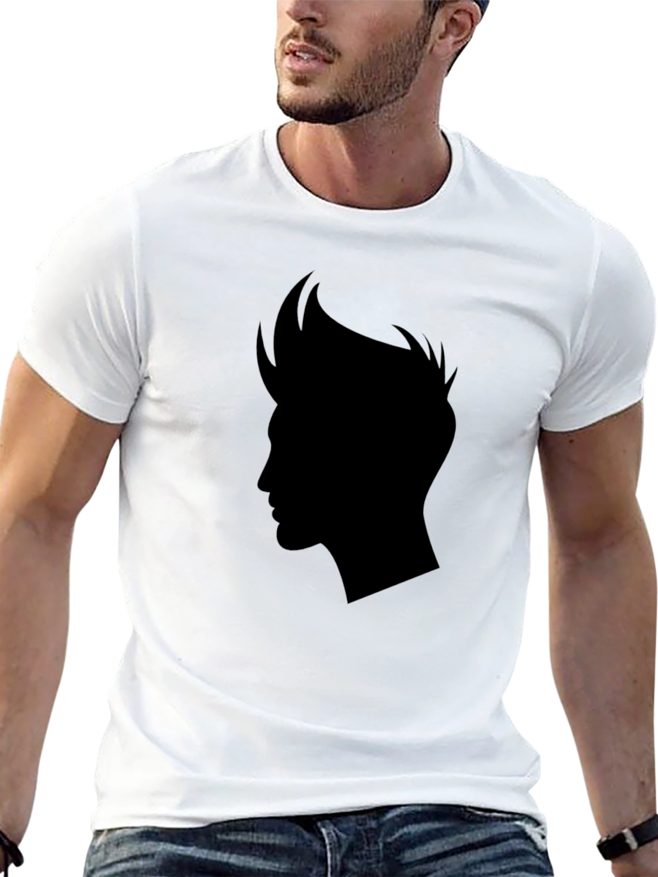 Black Men's Black T-Shirt with Stylish Hair Silhouette Graphic view 13