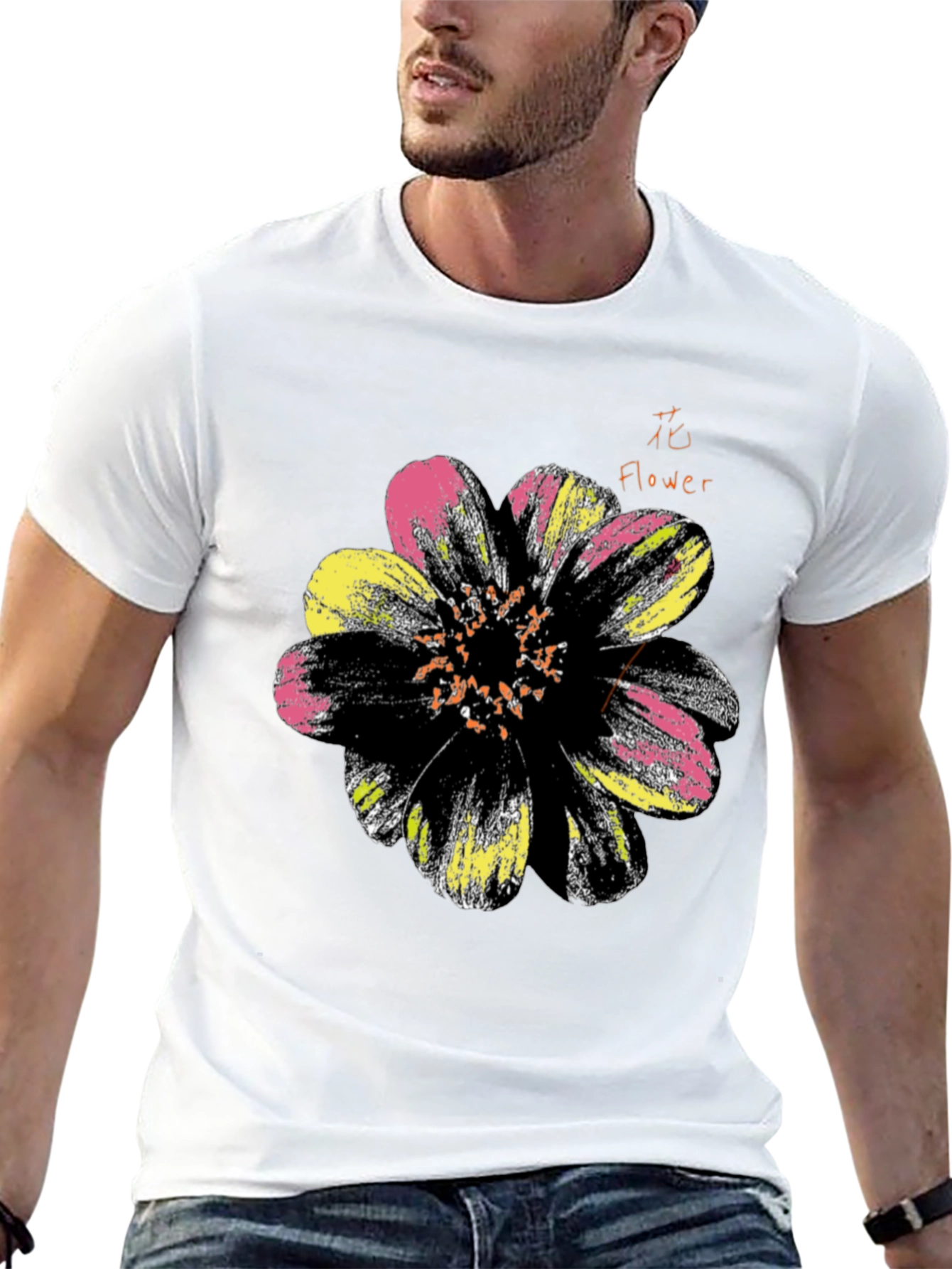 Black Floral Graphic Print Men's Black T-Shirt view 13