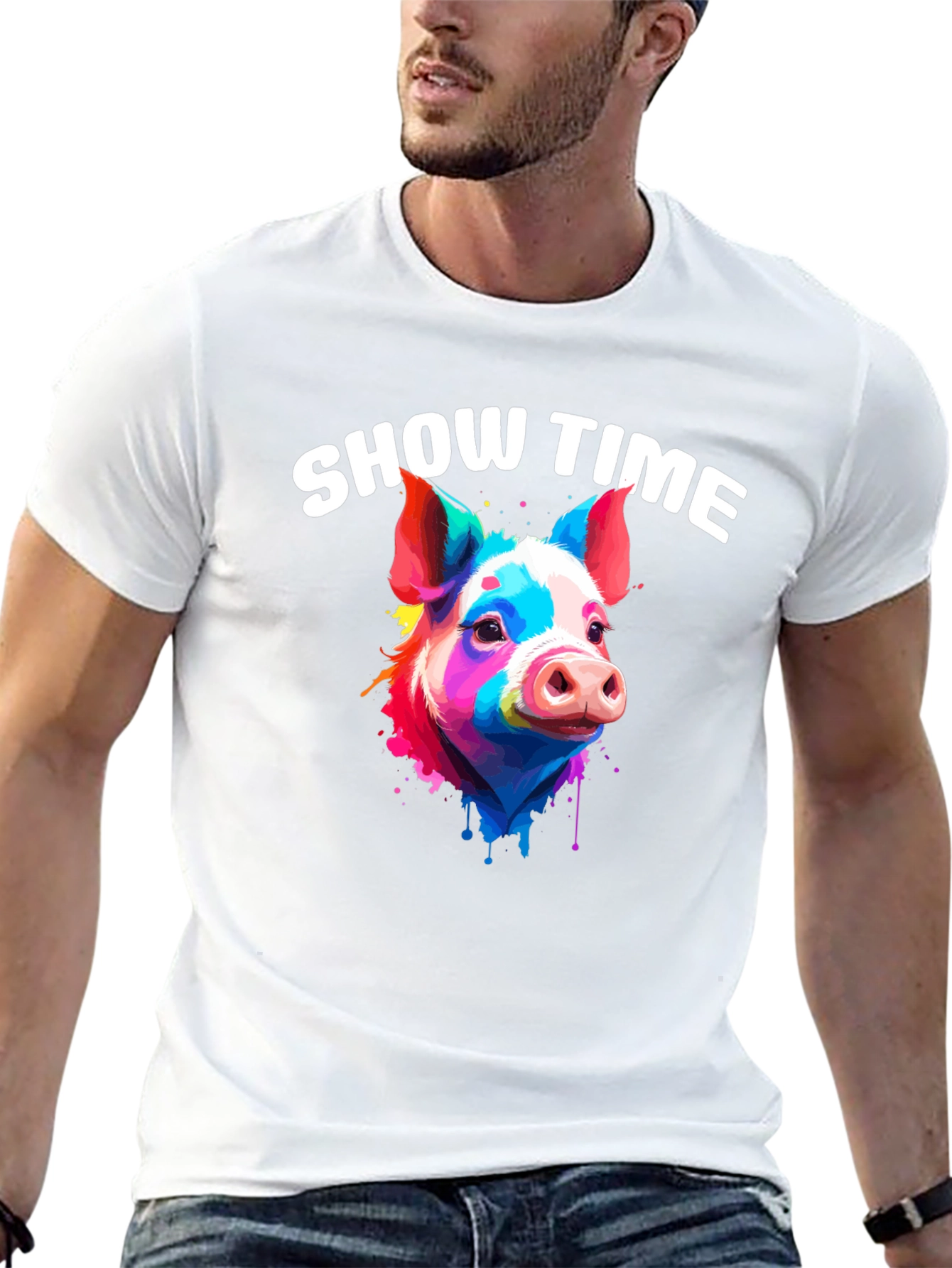 Black Show Time Pig T-Shirt: Colorful Animal Graphic Tee view 13