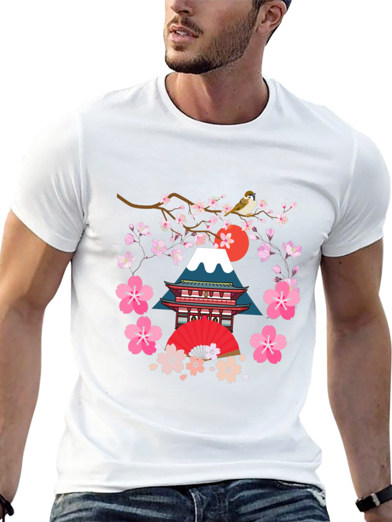Black Japanese Art T-Shirt - Bird, Blossoms, and Mountain view 13