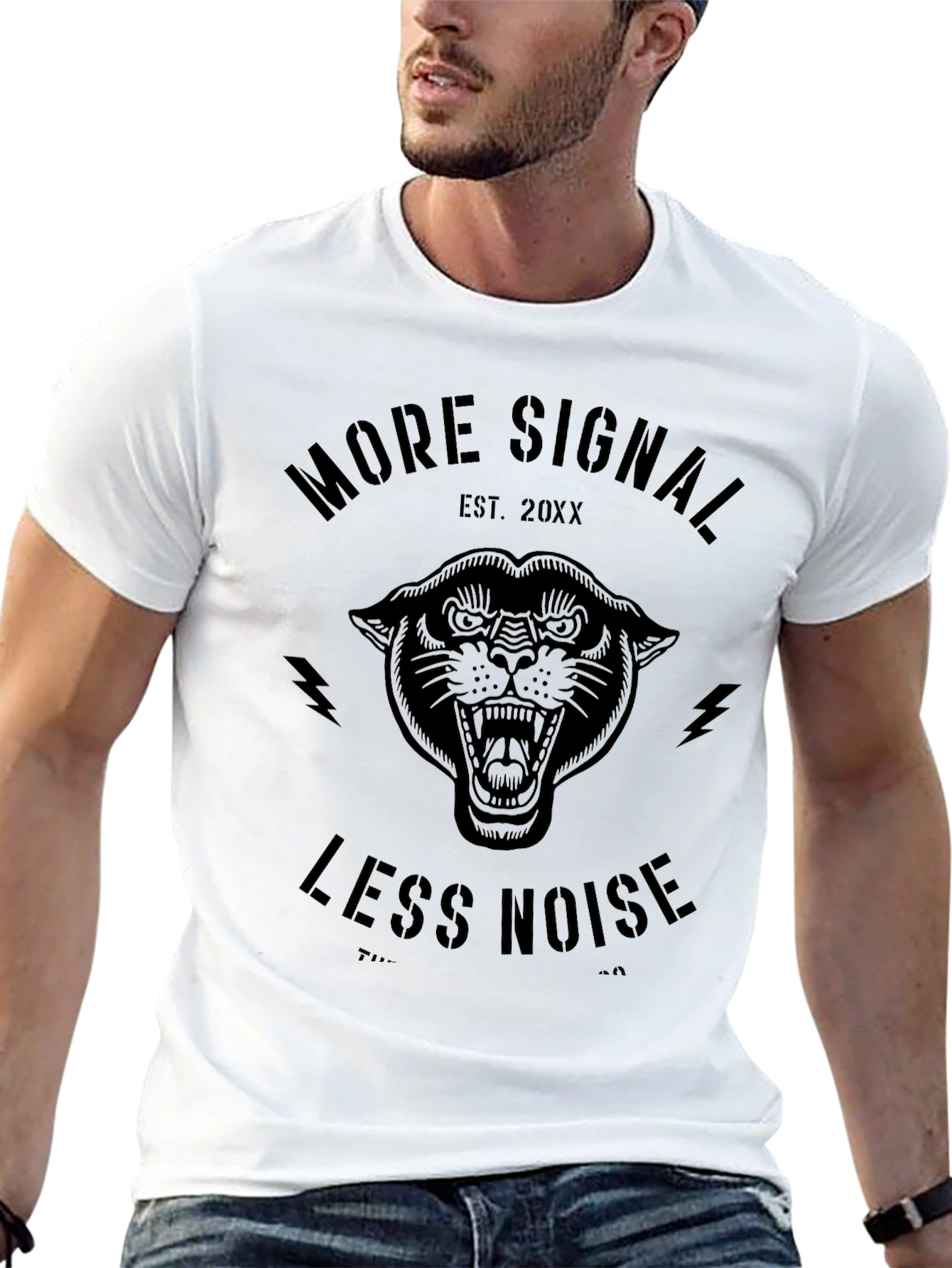 Black More Signal Less Noise Panther Graphic Tee view 13