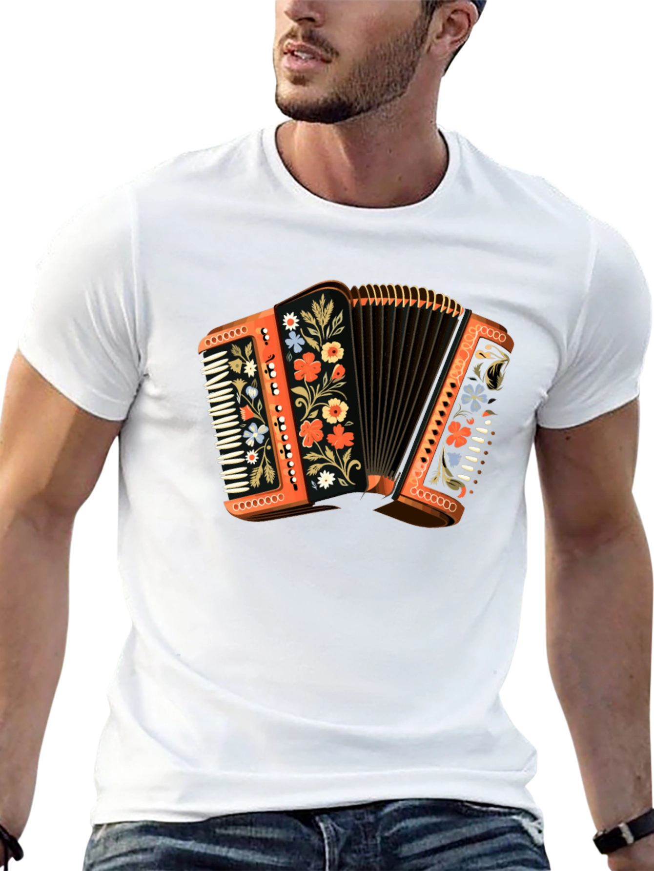 Black Accordion Floral T-Shirt - Music Lover Gift view 13