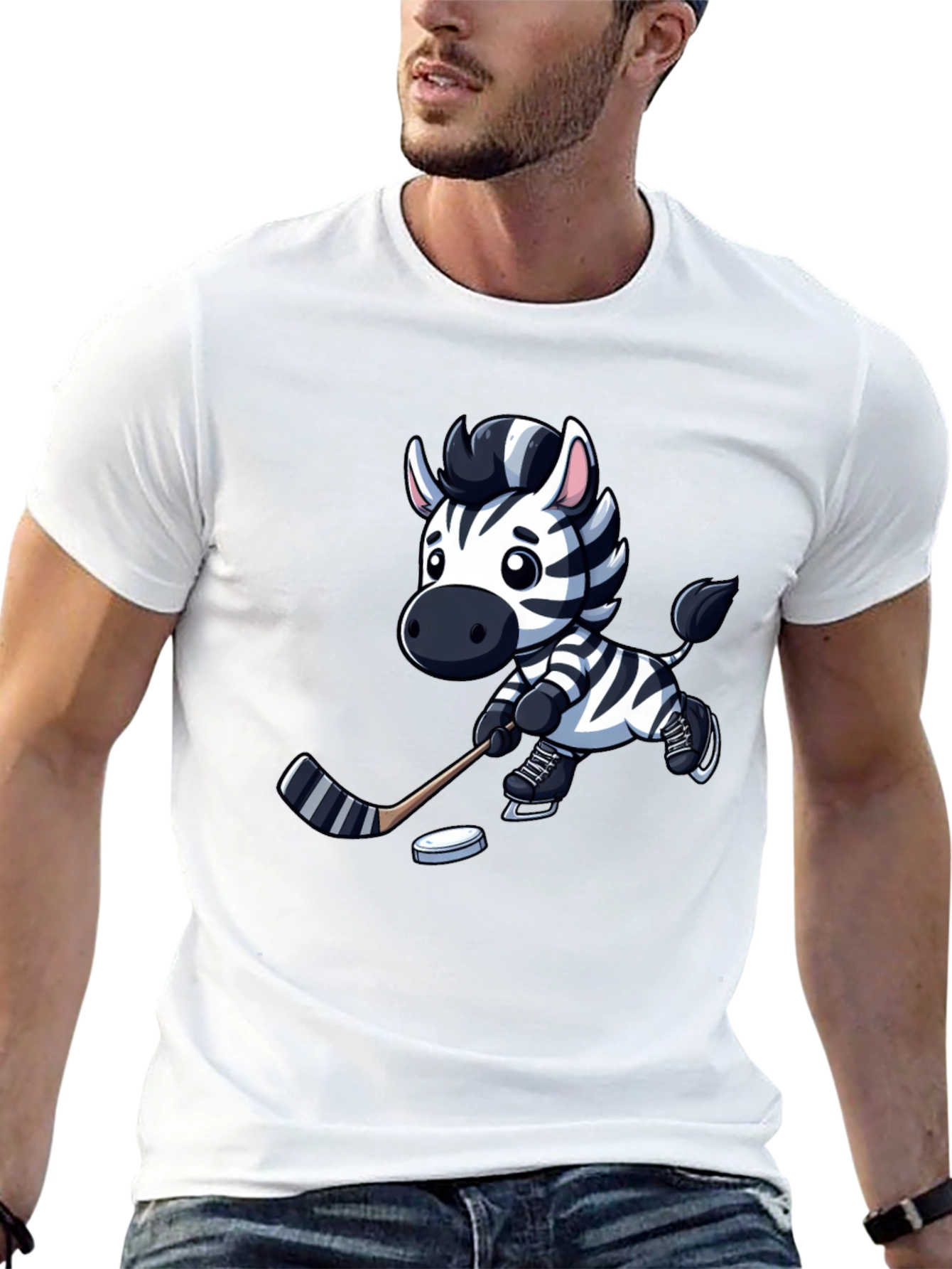 Black Zebra Hockey Player T-Shirt - Cool Cartoon Design view 13