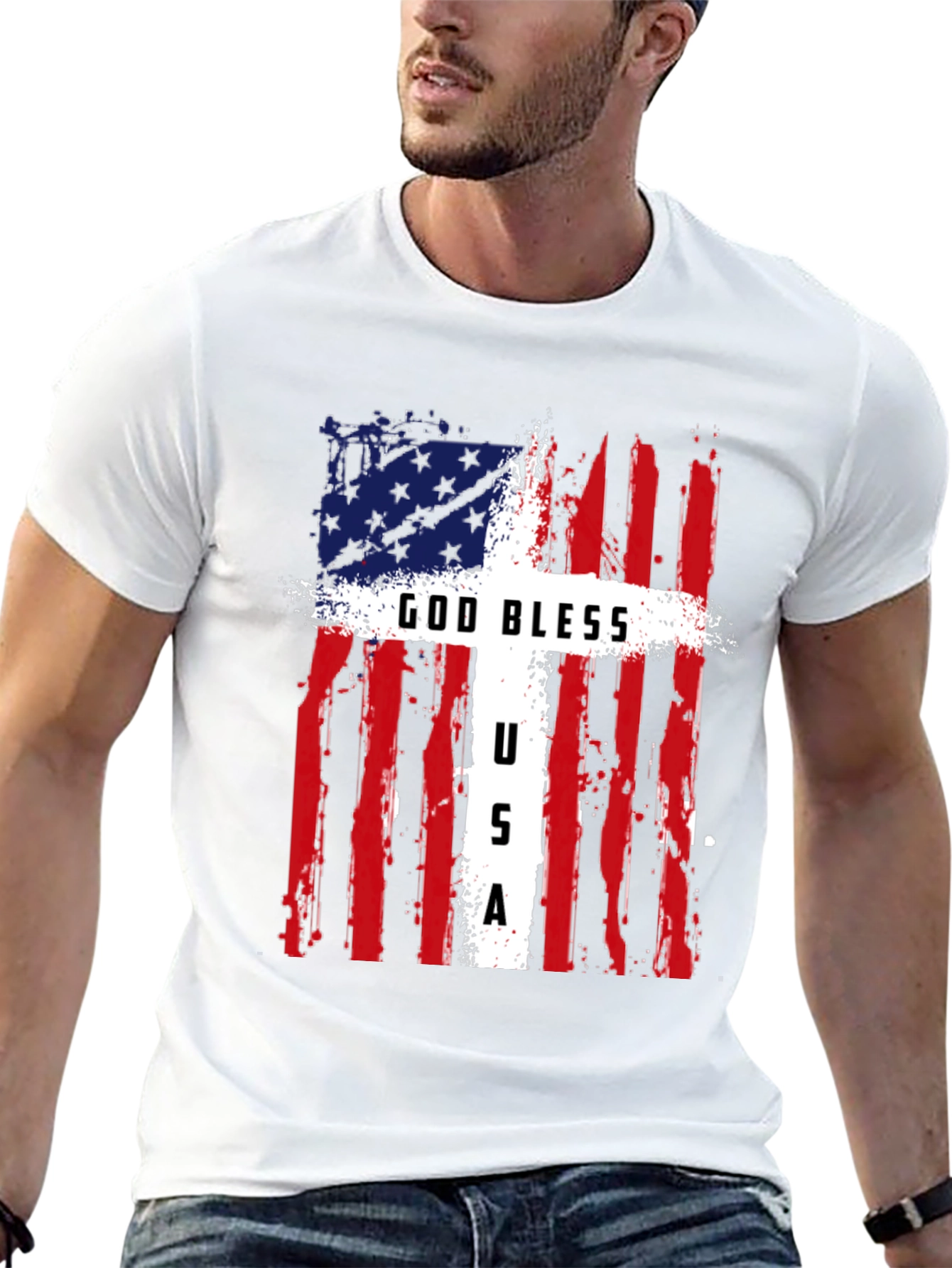 Black God Bless USA Patriotic T-Shirt view 13